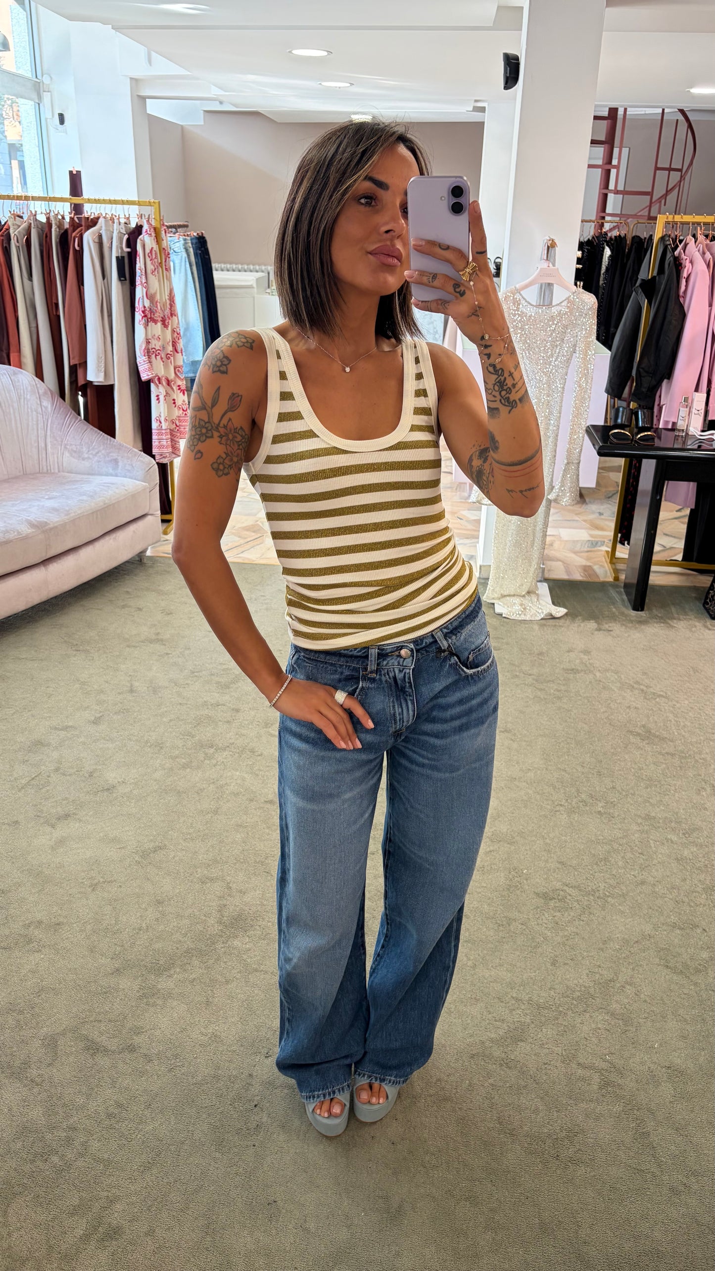 Canotta bianca e lime a righe lurex ks