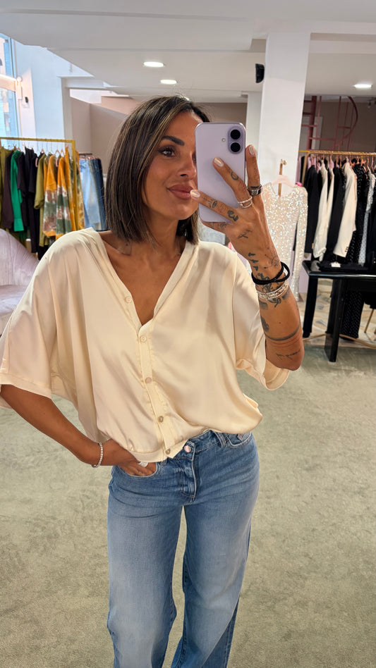 Cardigan t-shirt avorio manica corta satin davanti sy