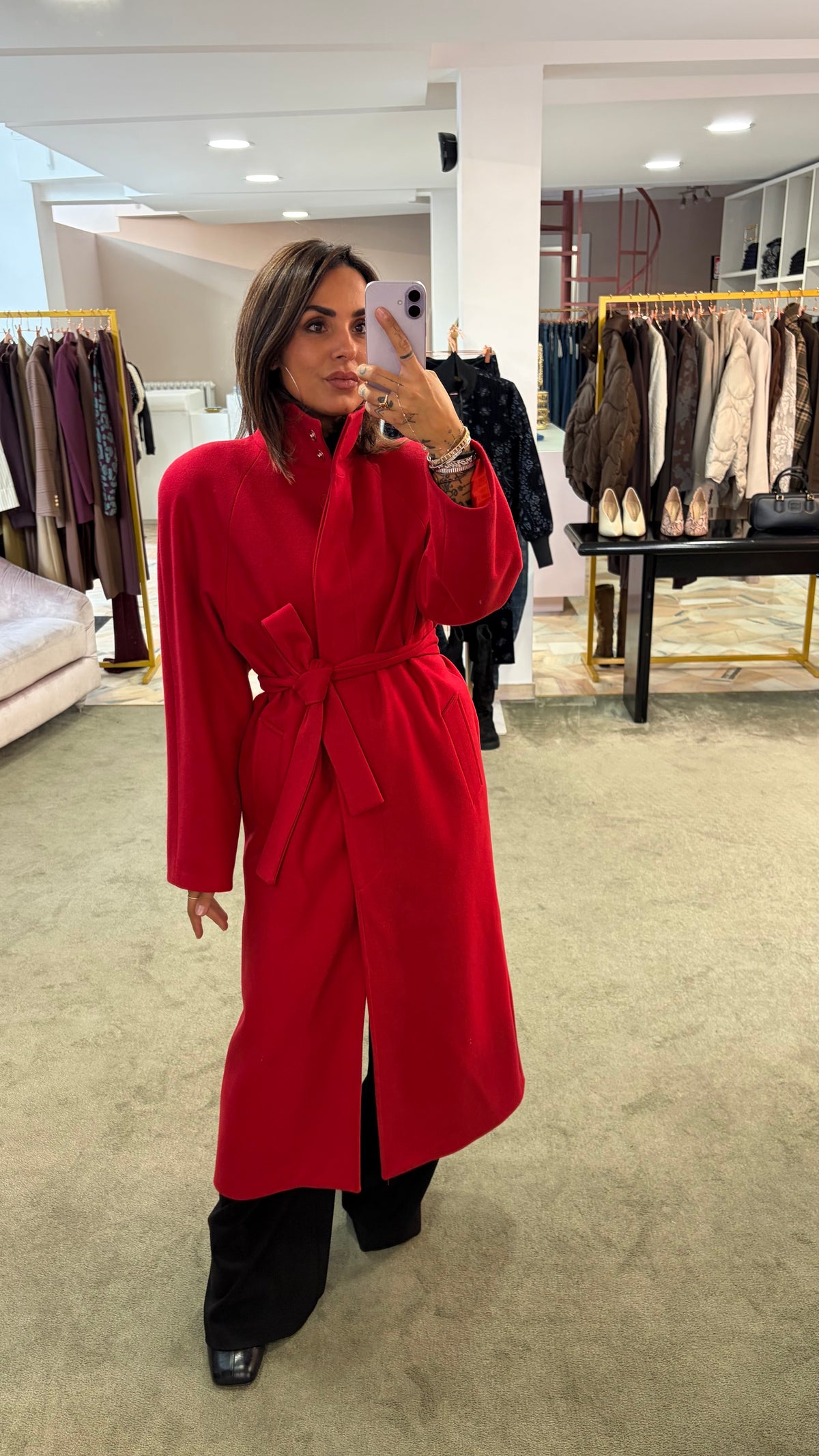 Cappotto lungo rosso con cintura Actualee