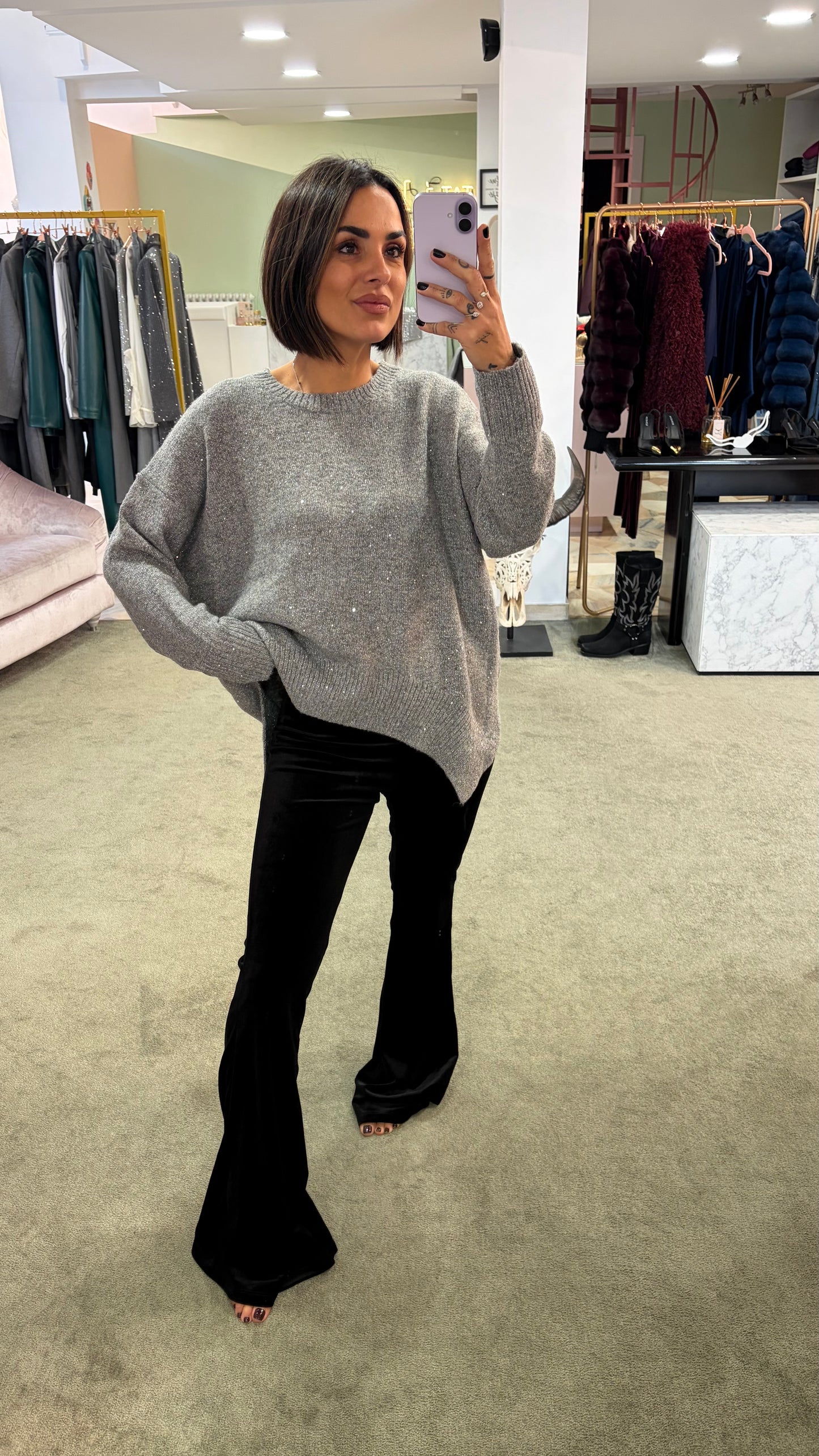 Maglione over grigio con micropaillettes bj