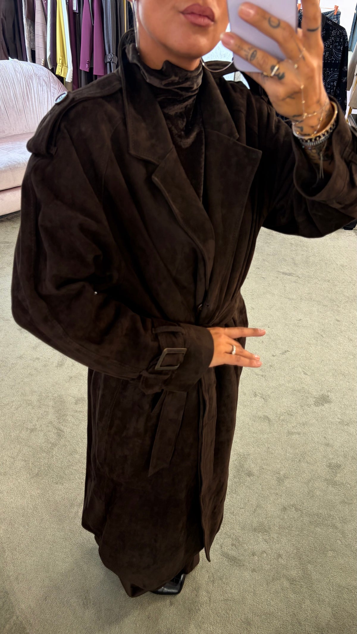 Trench marrone testa di moro lungo con cintura in pelle scamosciata Marsem