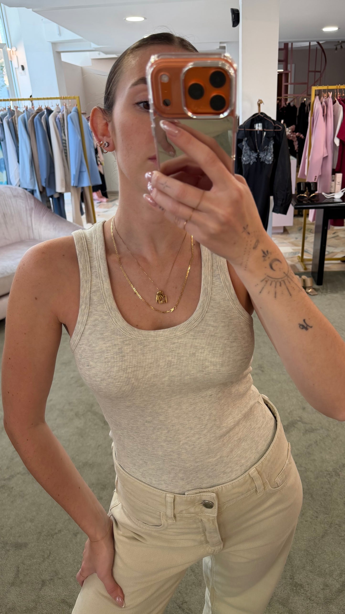 Canotta beige melange a costine scollo tondo jx