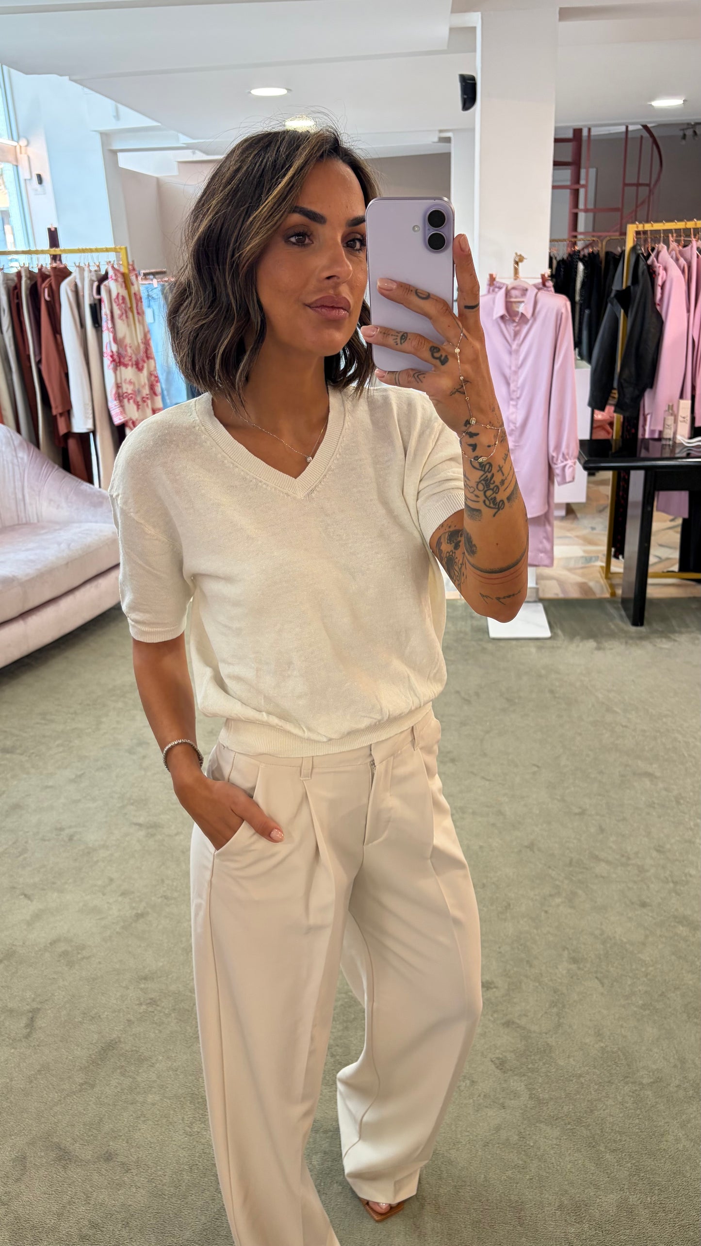 Maglia scollo a v panna manica corta glp