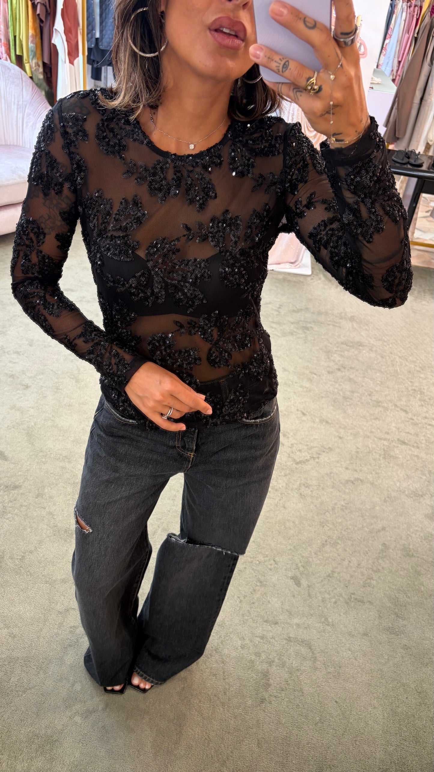 Maglia nera manica lunghe con ricami perline fr