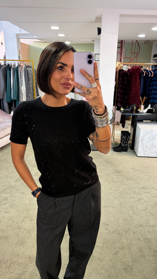 Maglia t-shirt nera manica corta con cristalli fr