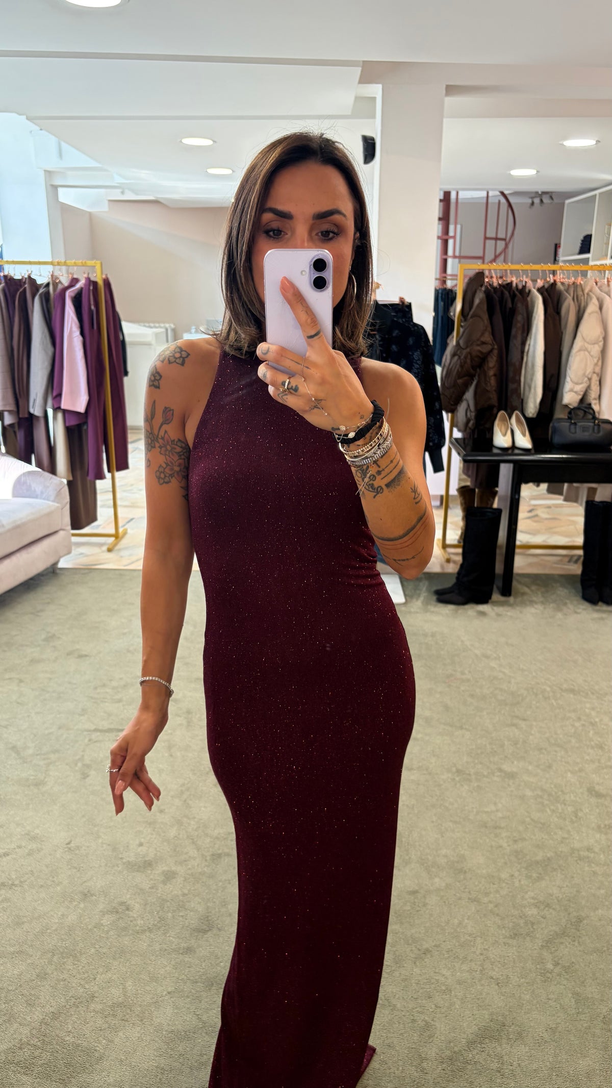 Abito lungo bordeaux lurex scollo all'americana ks