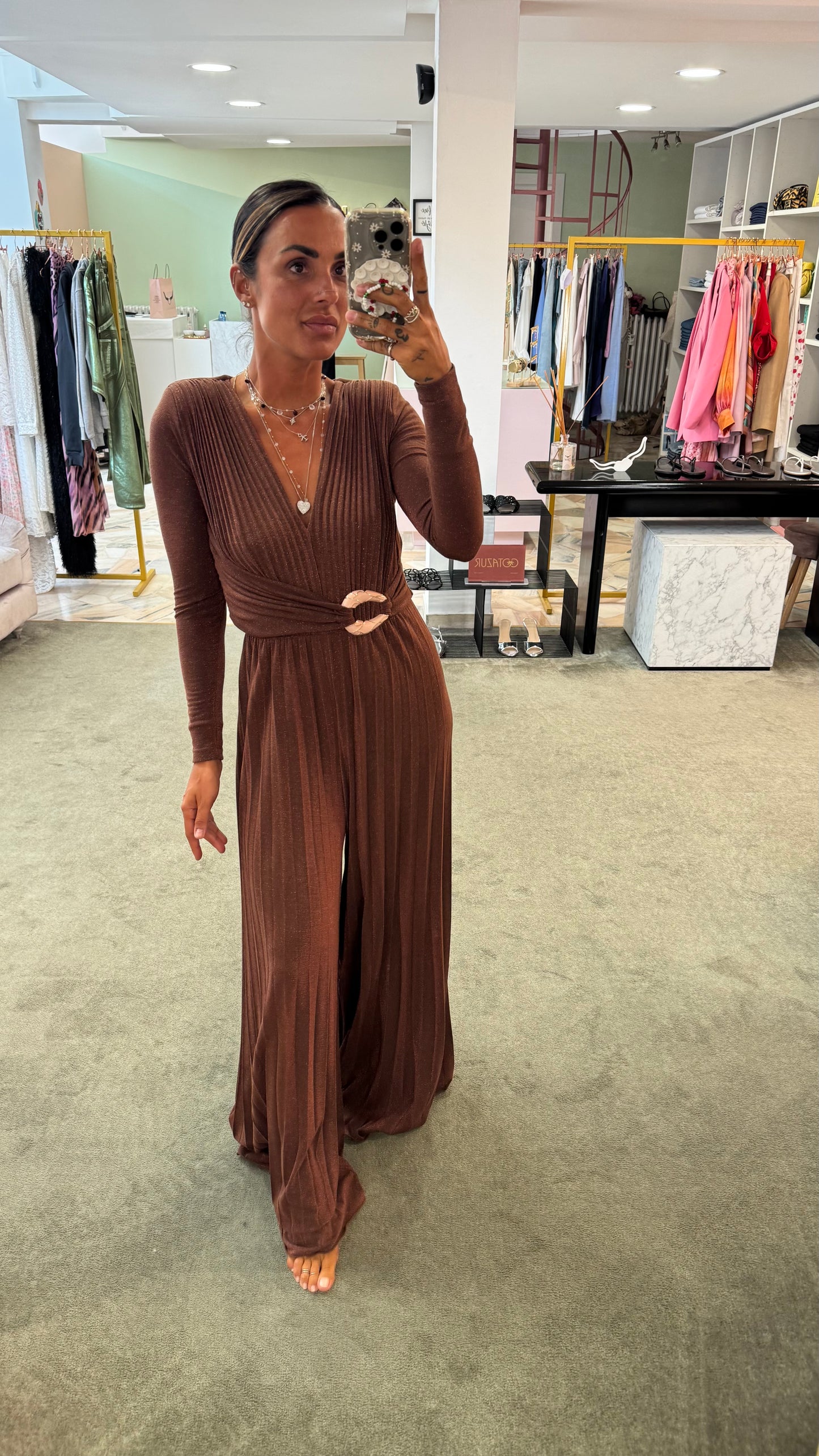 Jumpsuit marrone lurex plisse’ in maglia  fr