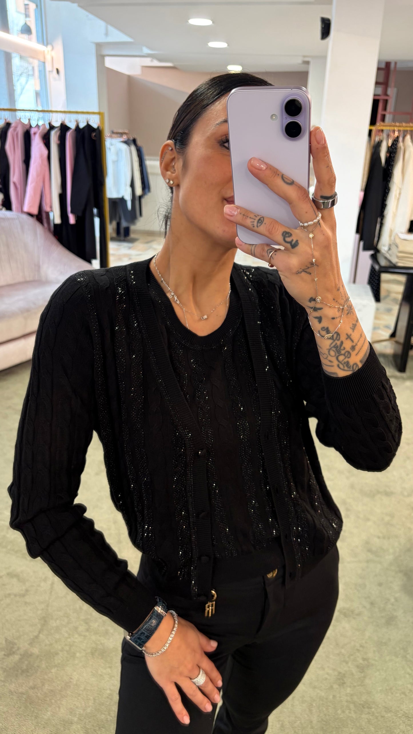 Cardigan nero a trecce crystal fr