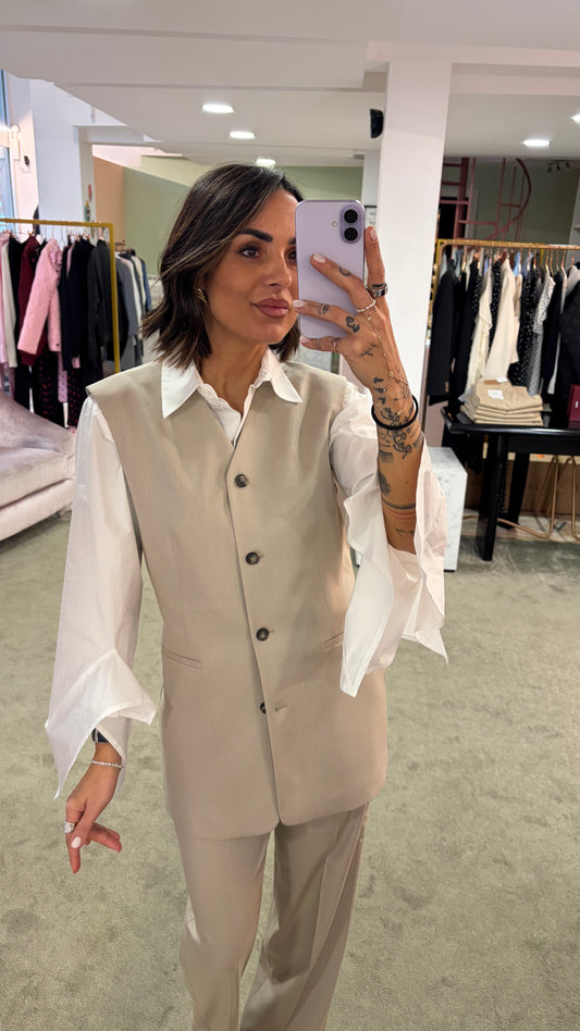 Gilet lungo beige melange effetto blazer con cinturina sl