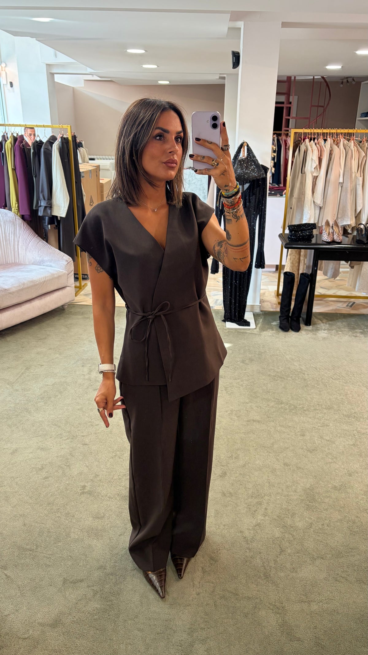 Gilet a chimono marrone testa di moro con cinturina aw