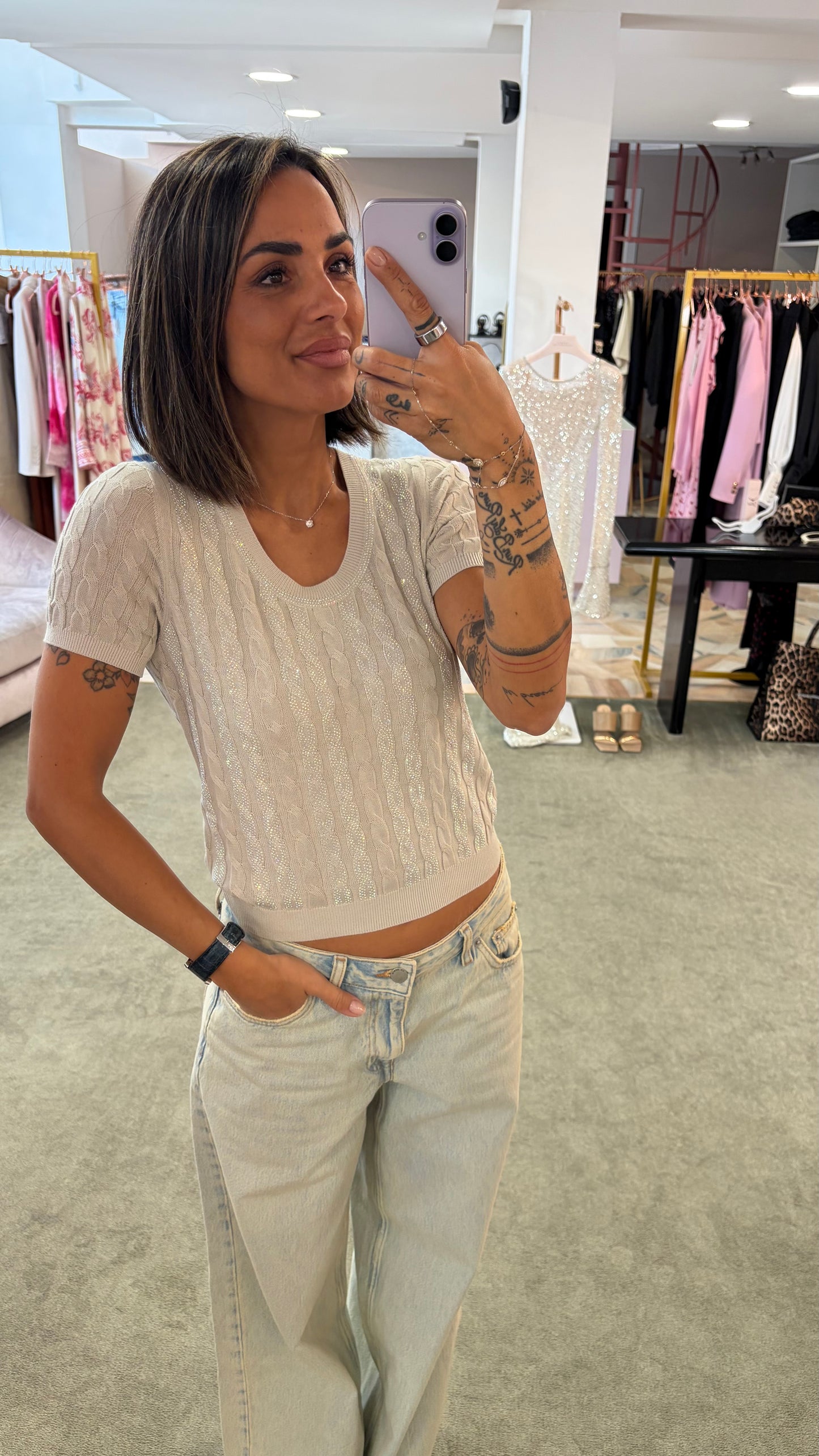 Maglia ghiaccio  manica corta a trecce crystal fr