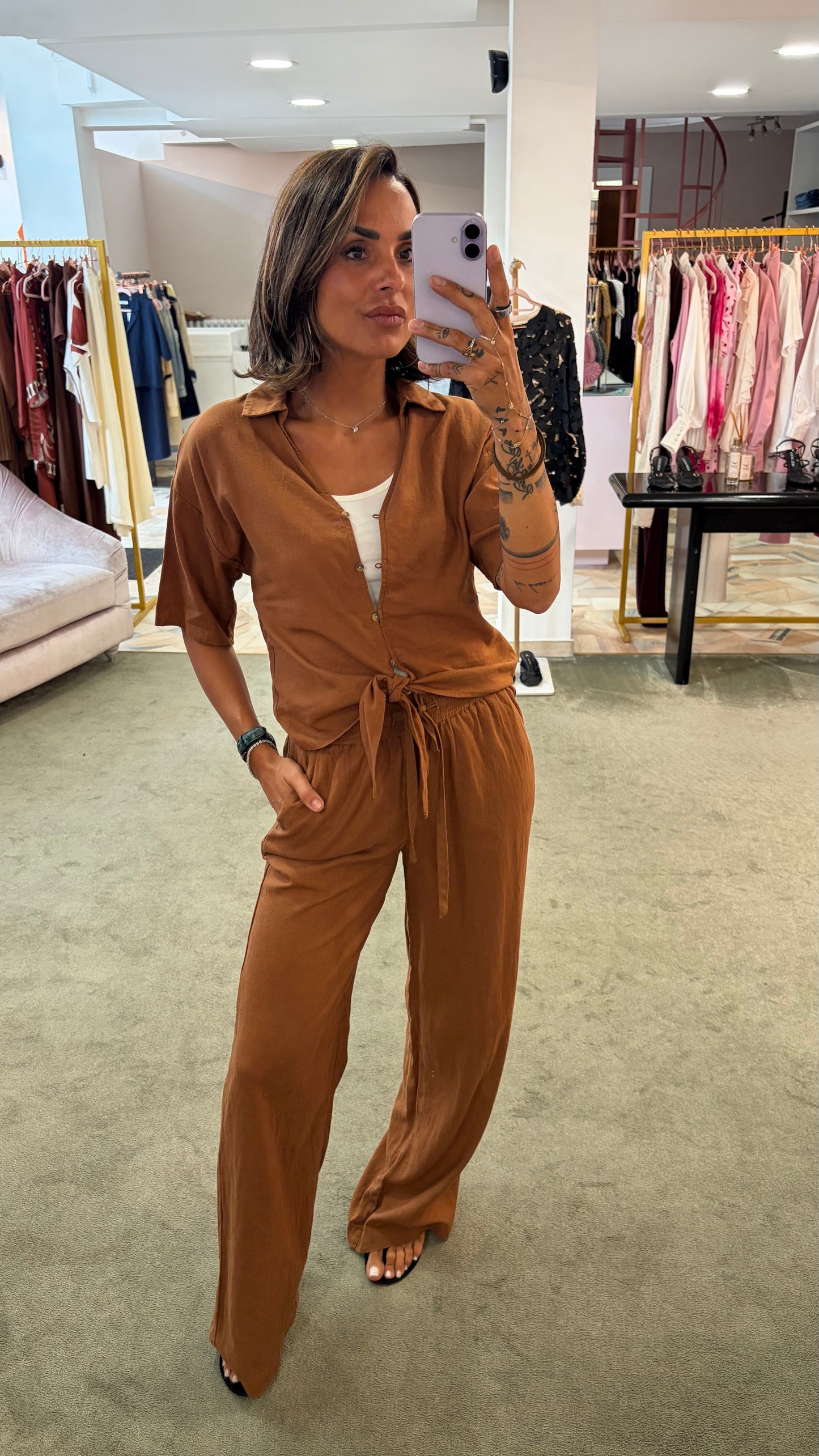 Pantaloni mattone in lino con elastico e coulisse in vita sy