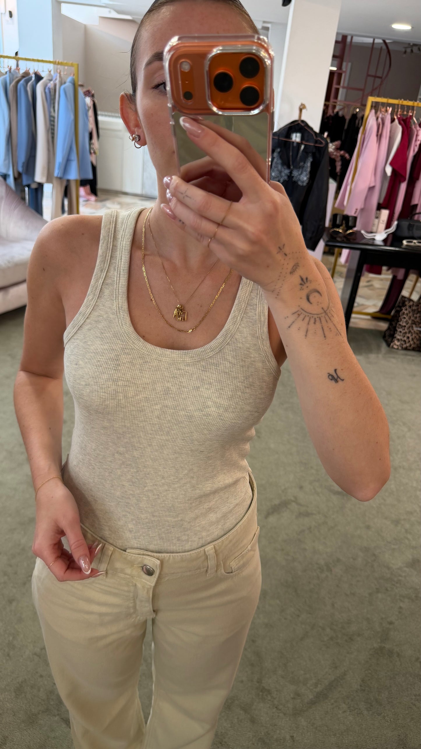 Canotta beige melange a costine scollo tondo jx