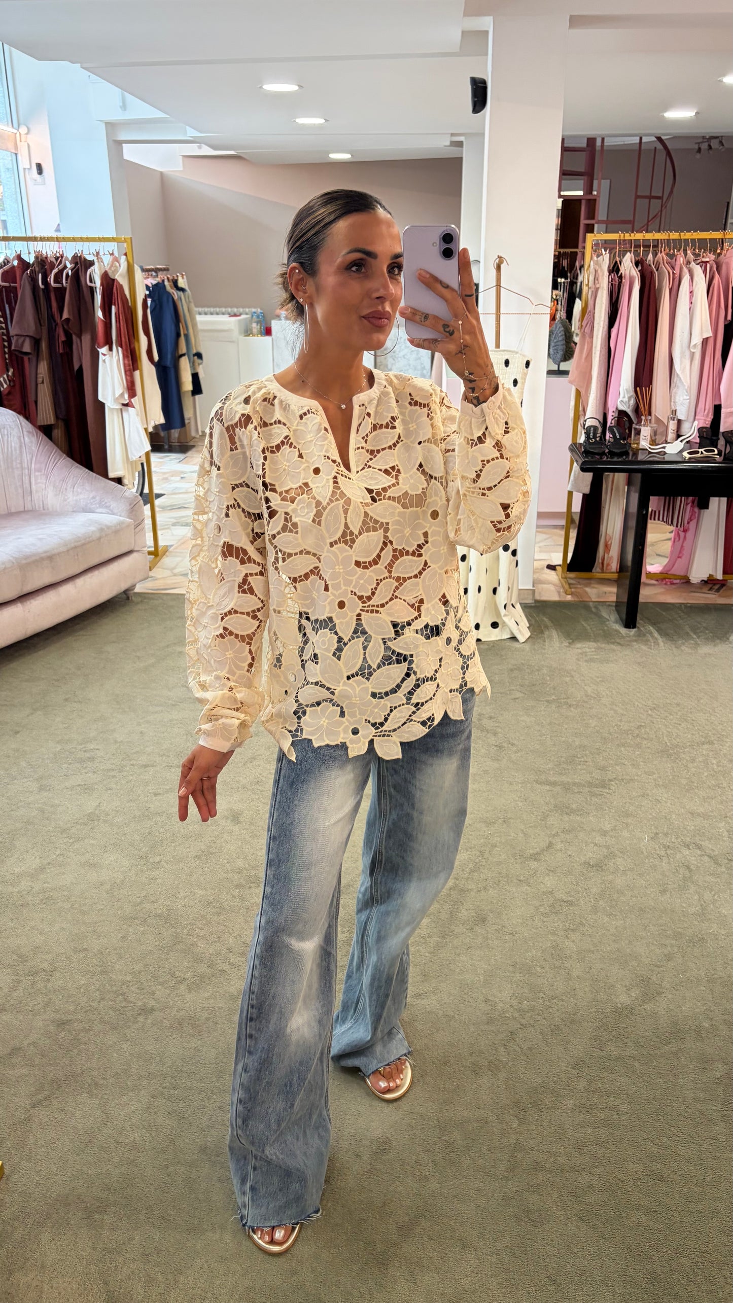 Camicia coreana crema  foglie traforata manica lunga sy