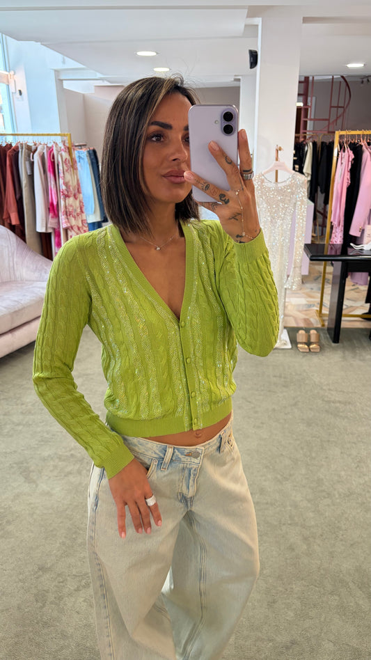 Cardigan verde lime a trecce crystal fr