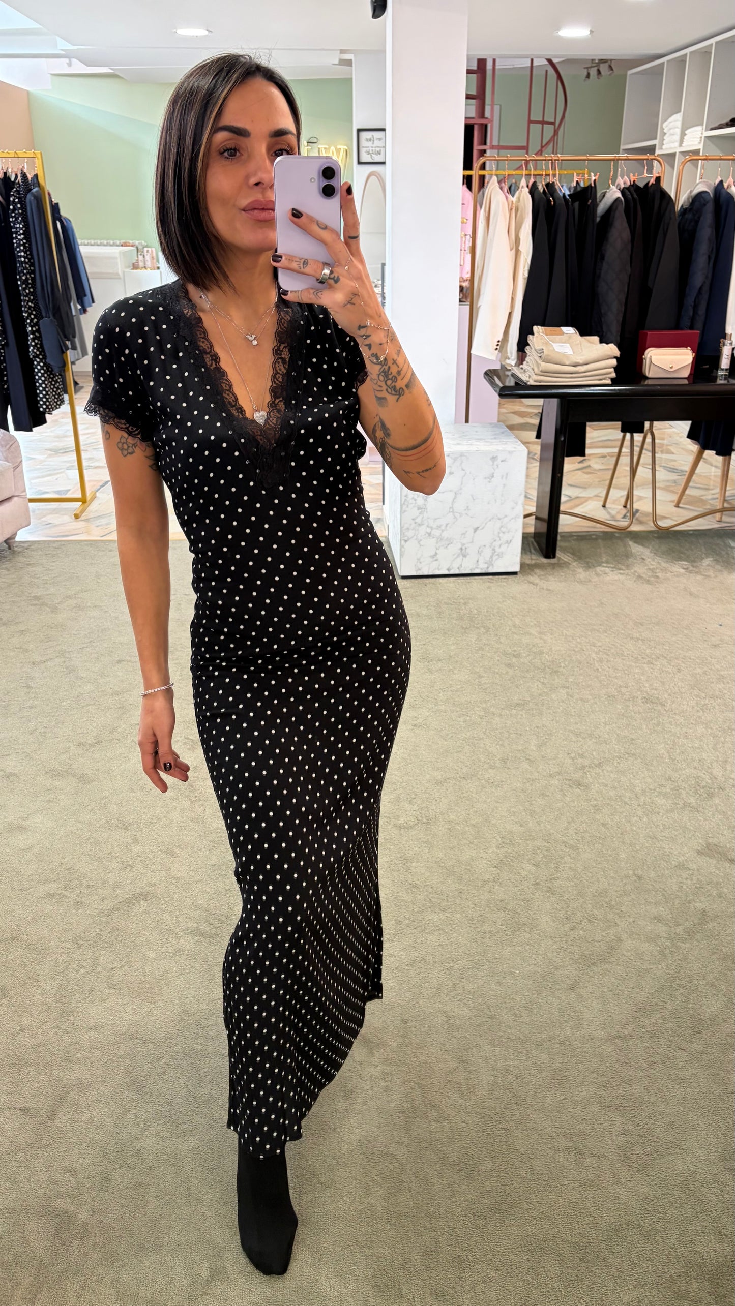 Abito raya midi MAR DE MARGARITAS nero a pois con pizzo