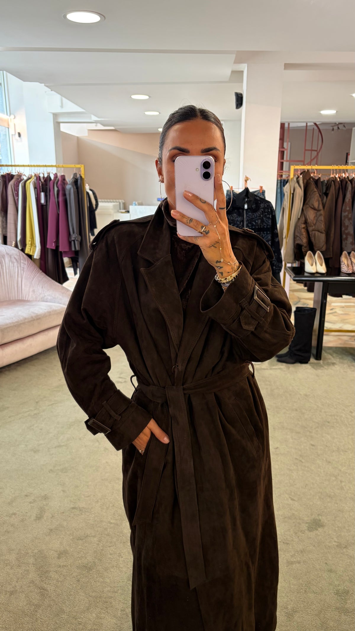 Trench marrone testa di moro lungo con cintura in pelle scamosciata Marsem