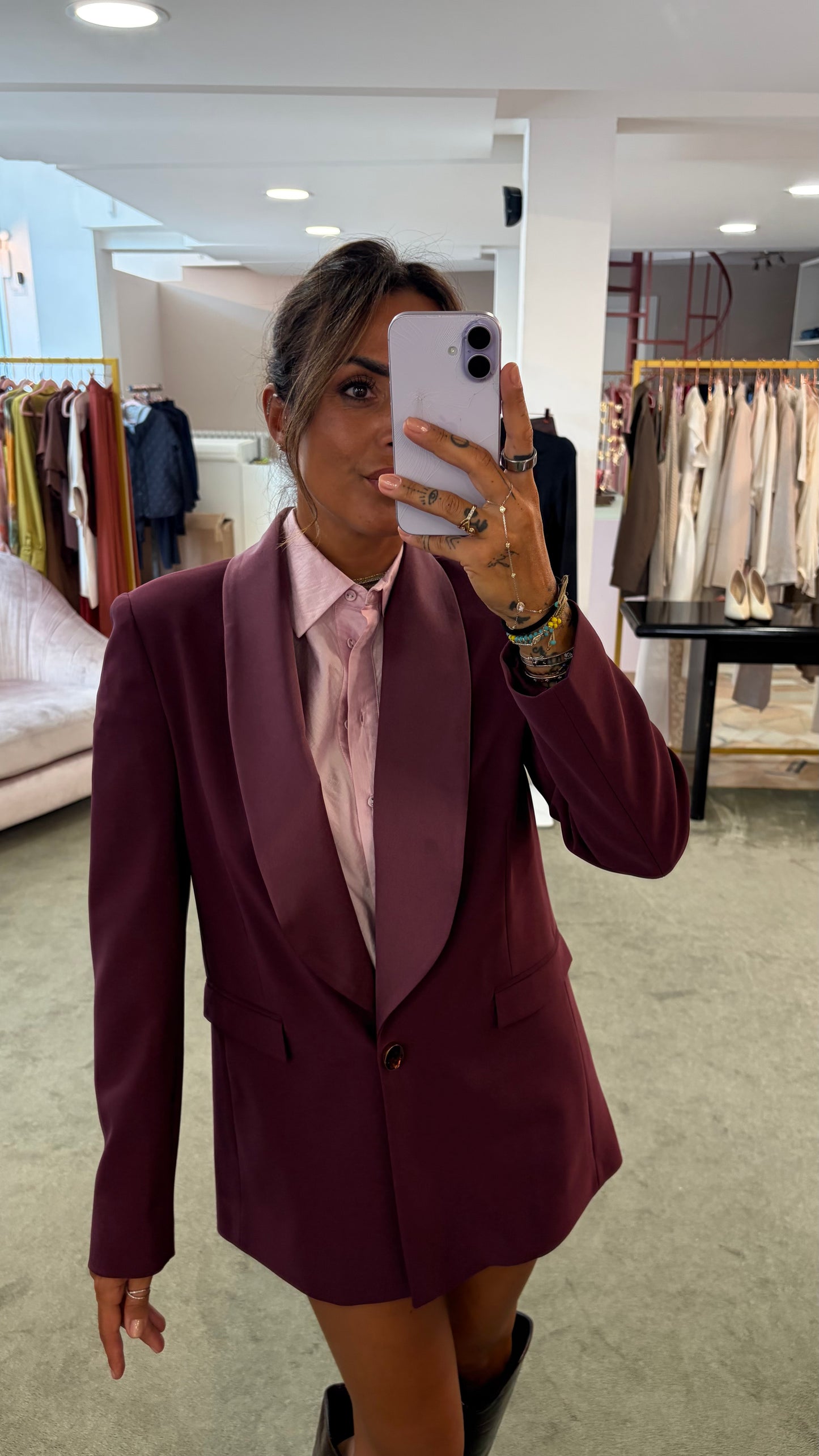 Blazer lungo bordeaux rever in raso fr