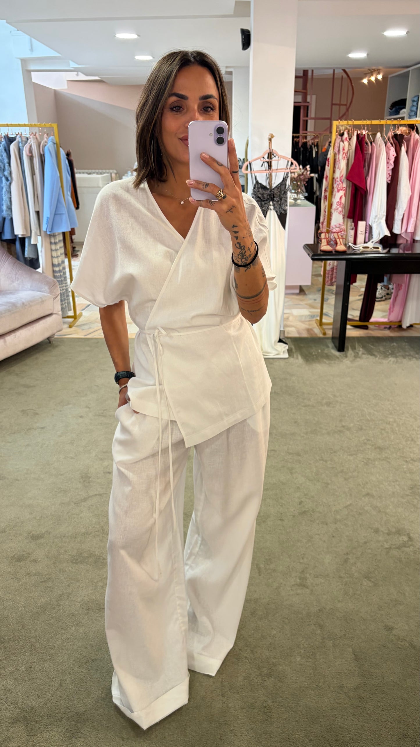 Camicia kimono bianca con cintura in lino Hinnominate