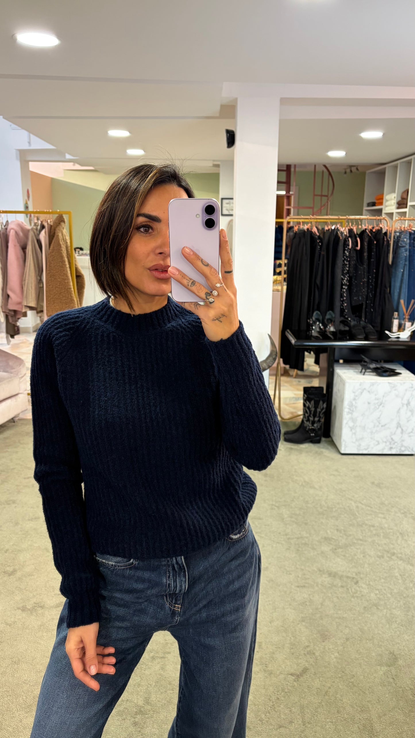 Maglione girocollo  blu navy a costine Irish