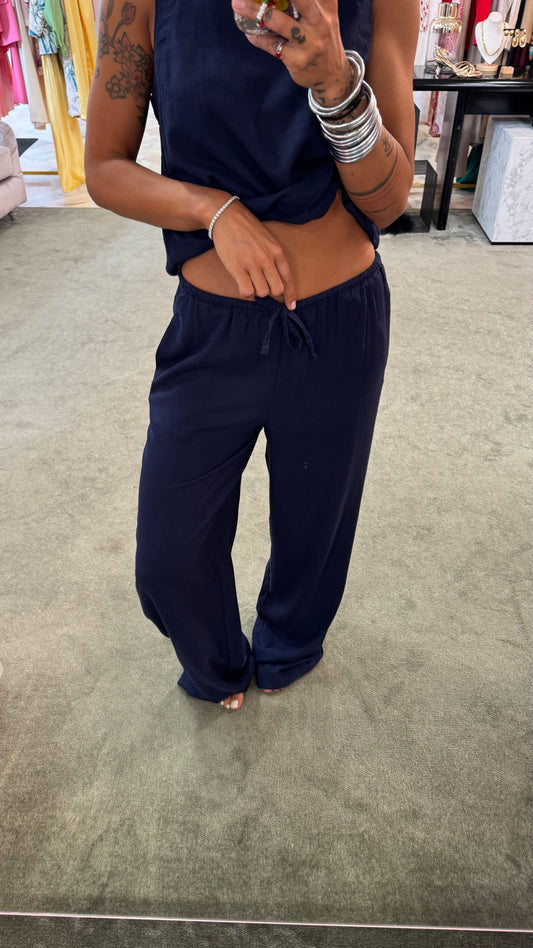 Pantaloni blu notte in lino con coulisse jx