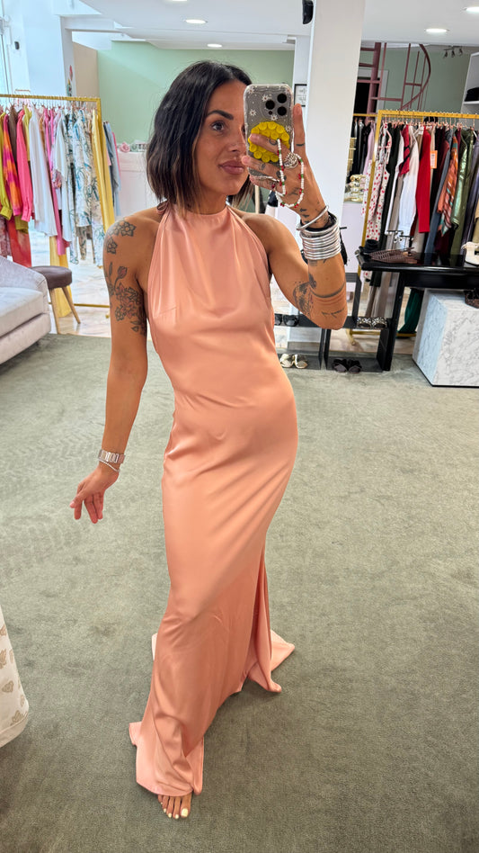 Abito lungo rosa in satin scollo all'americana ks