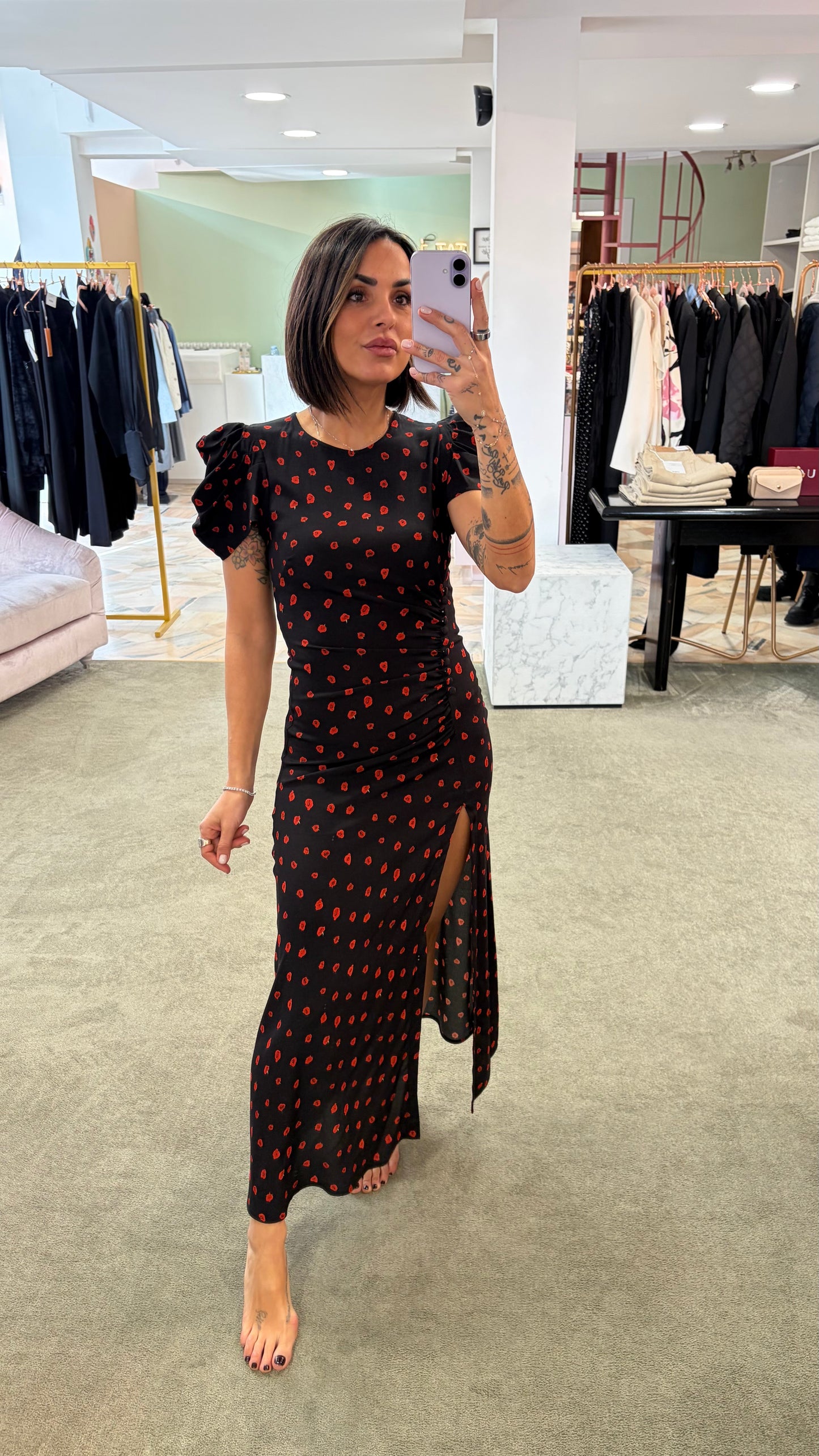 Abito kristel midi MAR DE MARGARITAS nero con fiorellini rossi