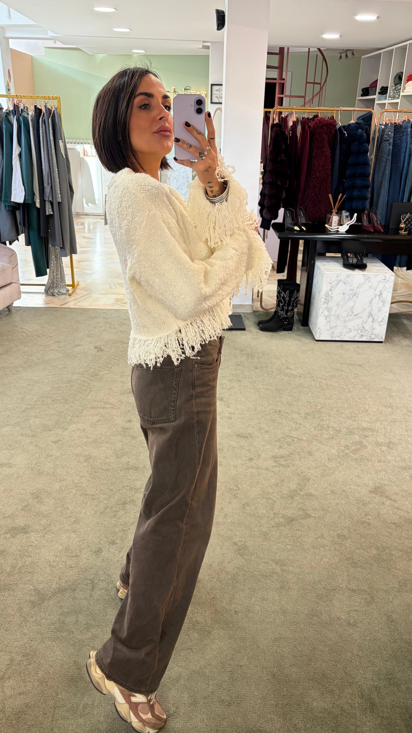 Maglione panna crop con frange gl