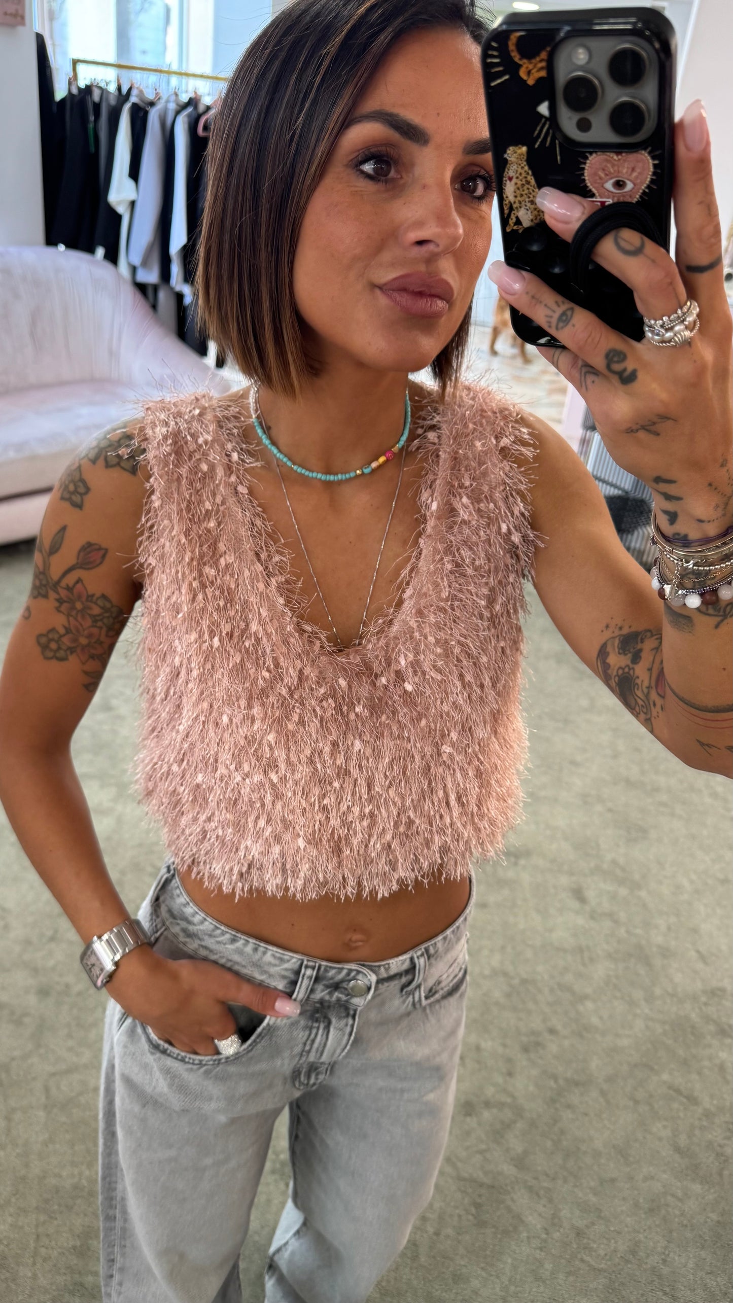 Crop top rosa effetto piume