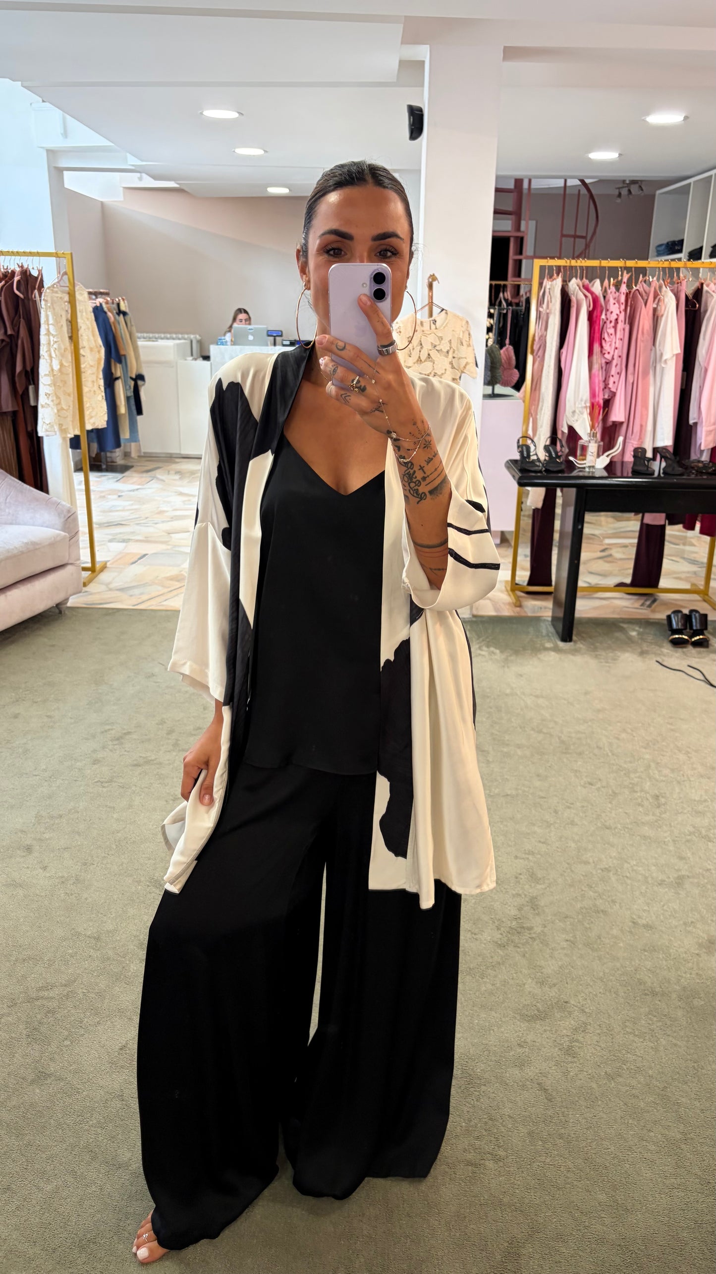 Kimono panna fantasia foglie nere ay