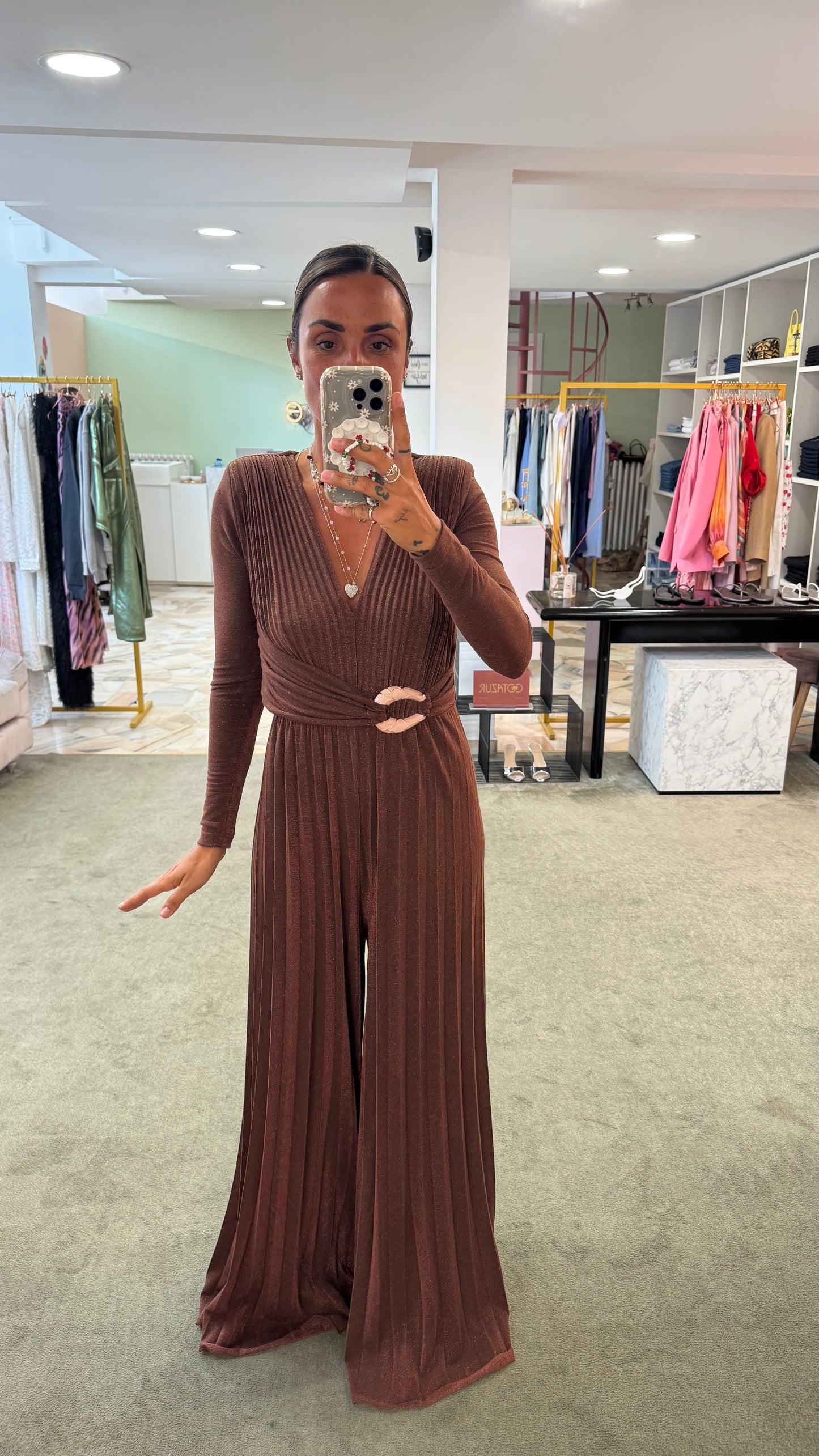 Jumpsuit marrone lurex plisse’ in maglia  fr