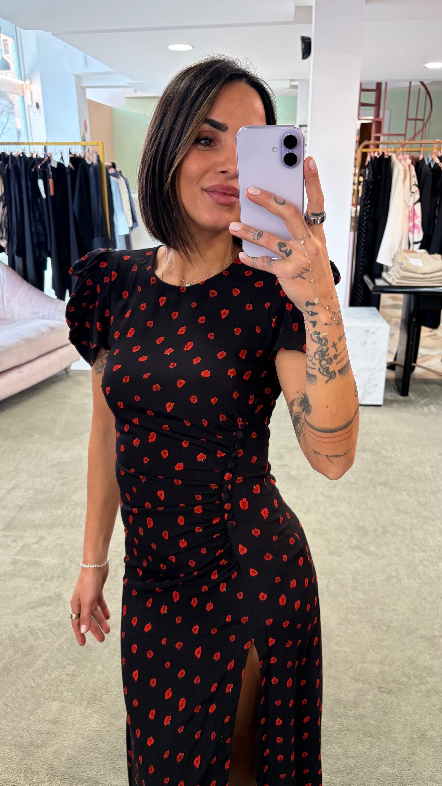 Abito kristel midi MAR DE MARGARITAS nero con fiorellini rossi