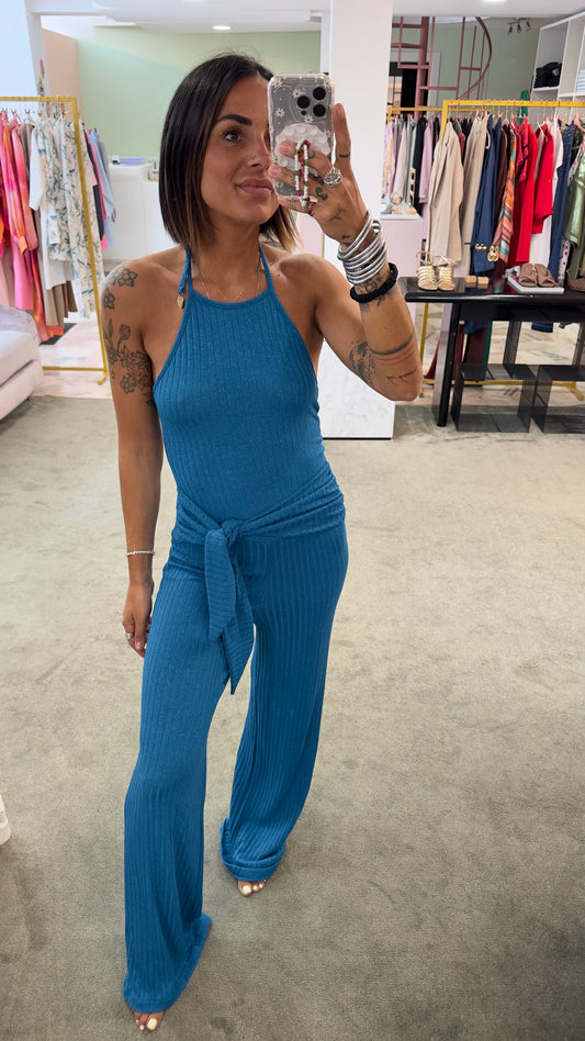 Jumpsuit turchese in maglia a costine Cotazur