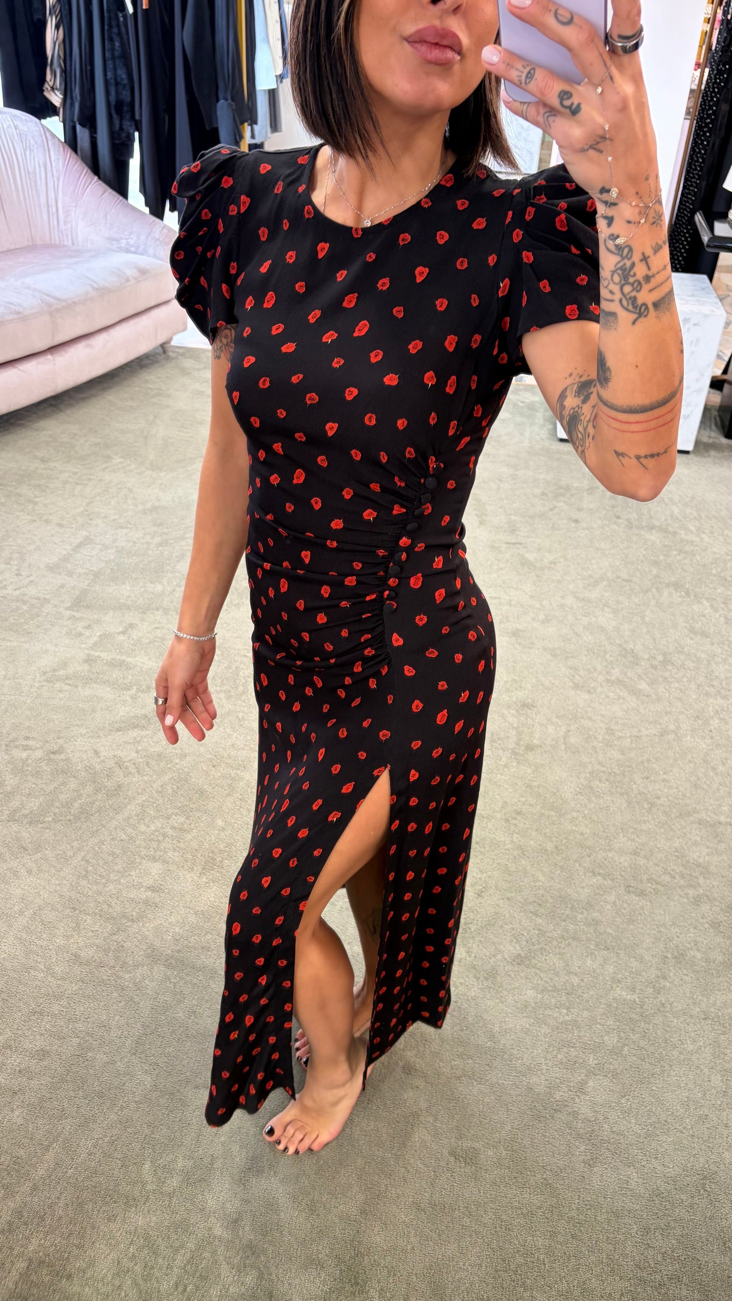 Abito kristel midi MAR DE MARGARITAS nero con fiorellini rossi