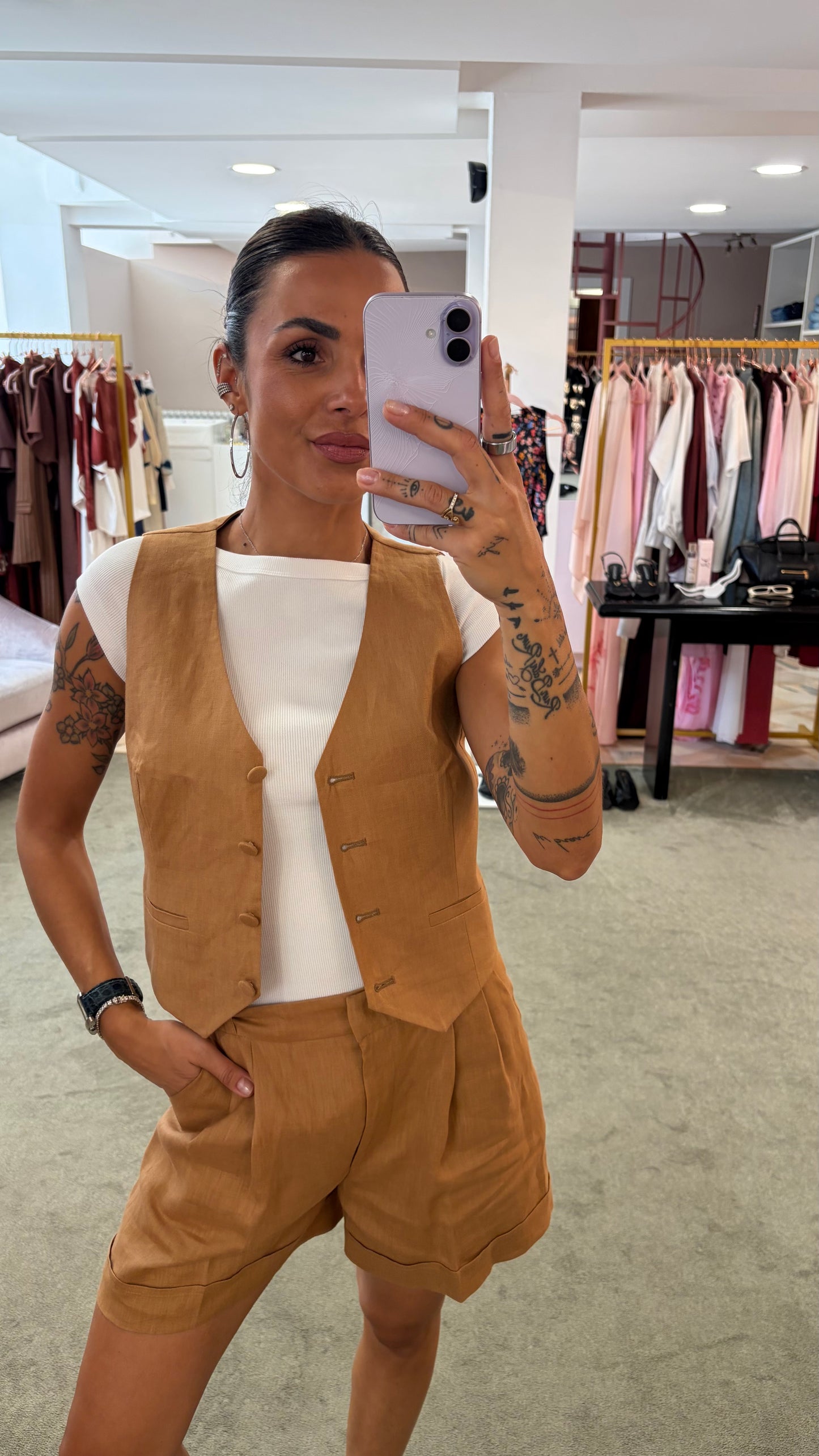 Shorts cammello in lino Actualee