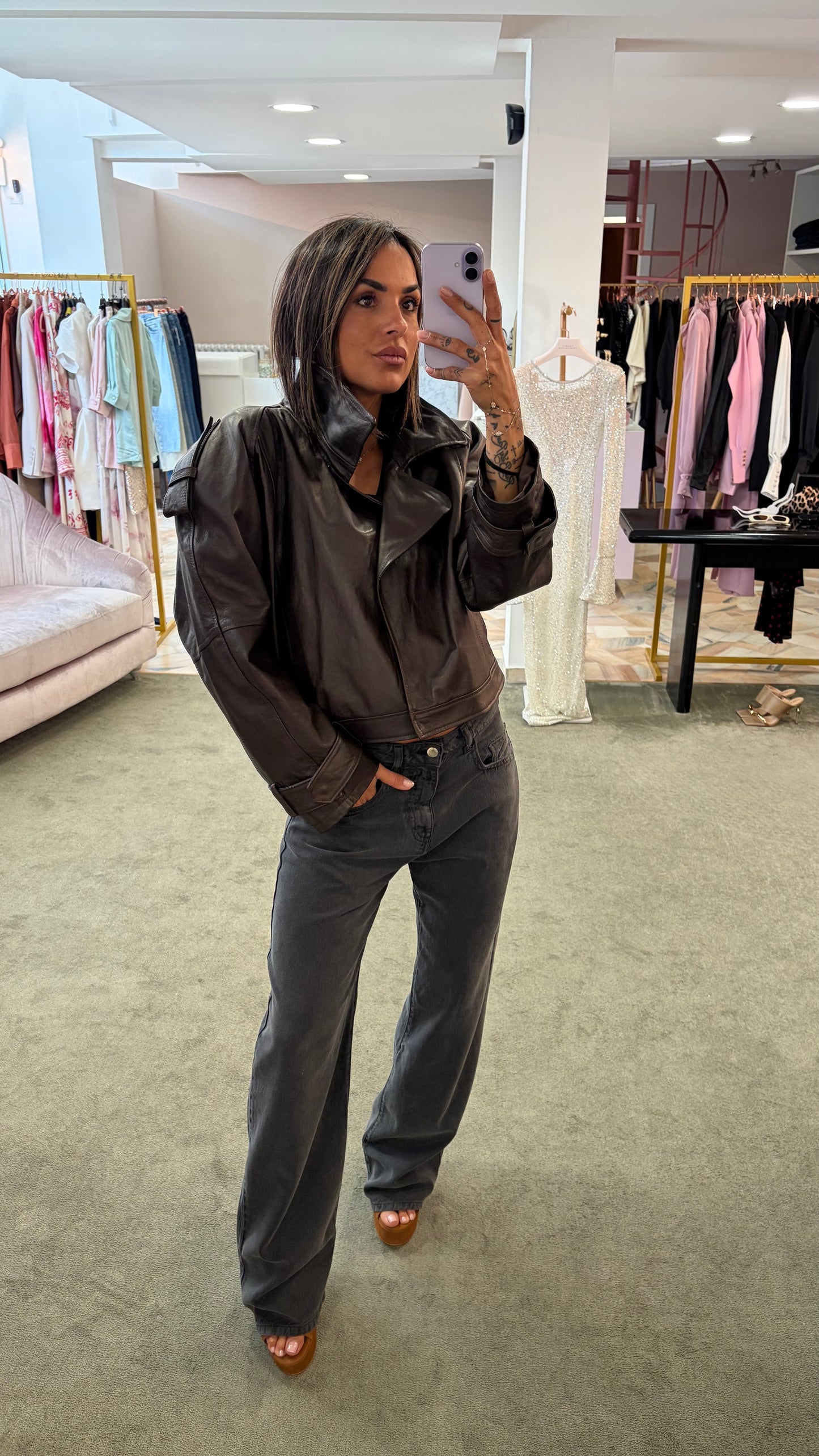 Giacca chiodo crop marrone in pelle vera Marsem