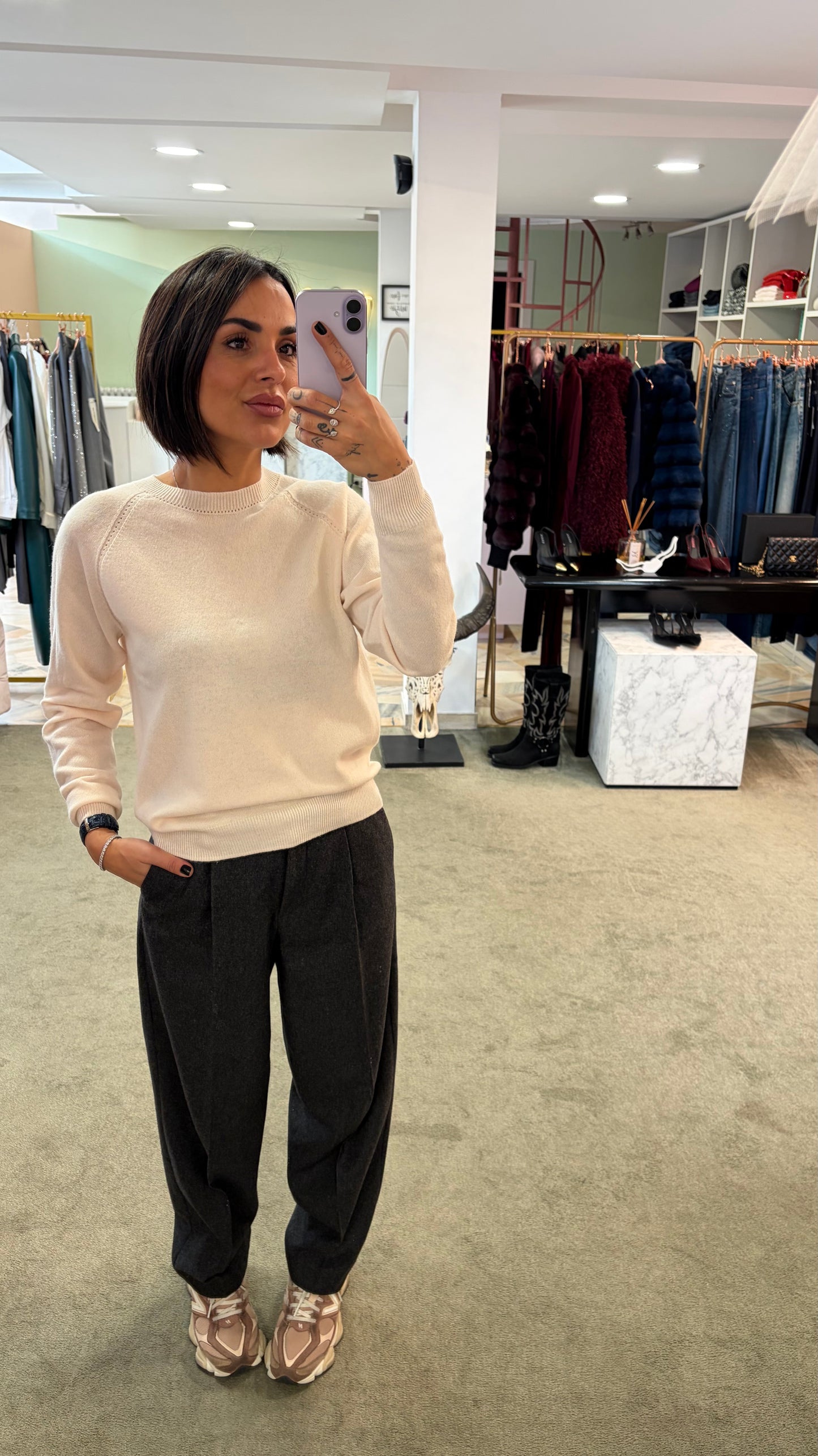 Maglione girocollo crema manica raglan fr