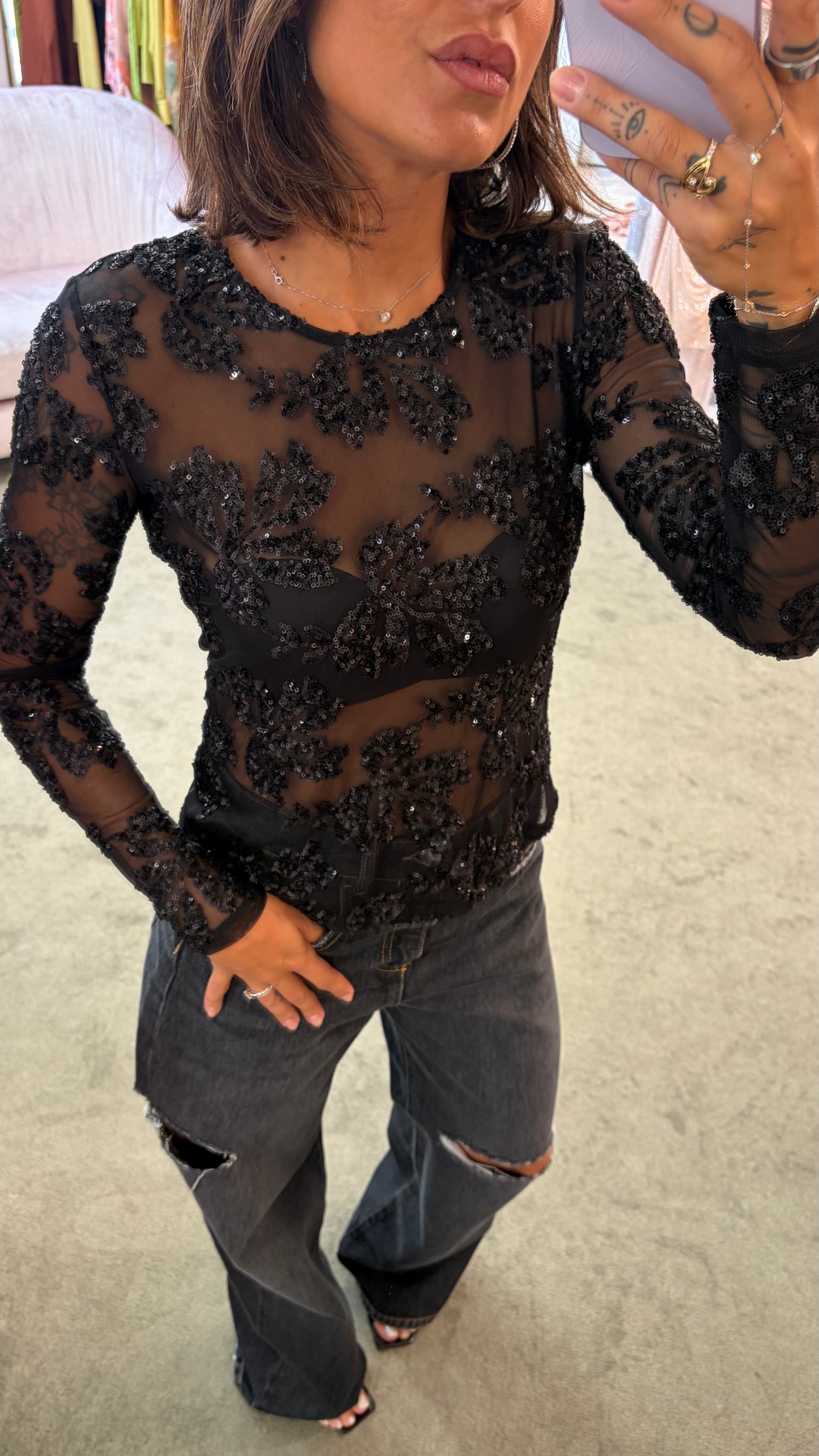 Maglia nera manica lunghe con ricami perline fr