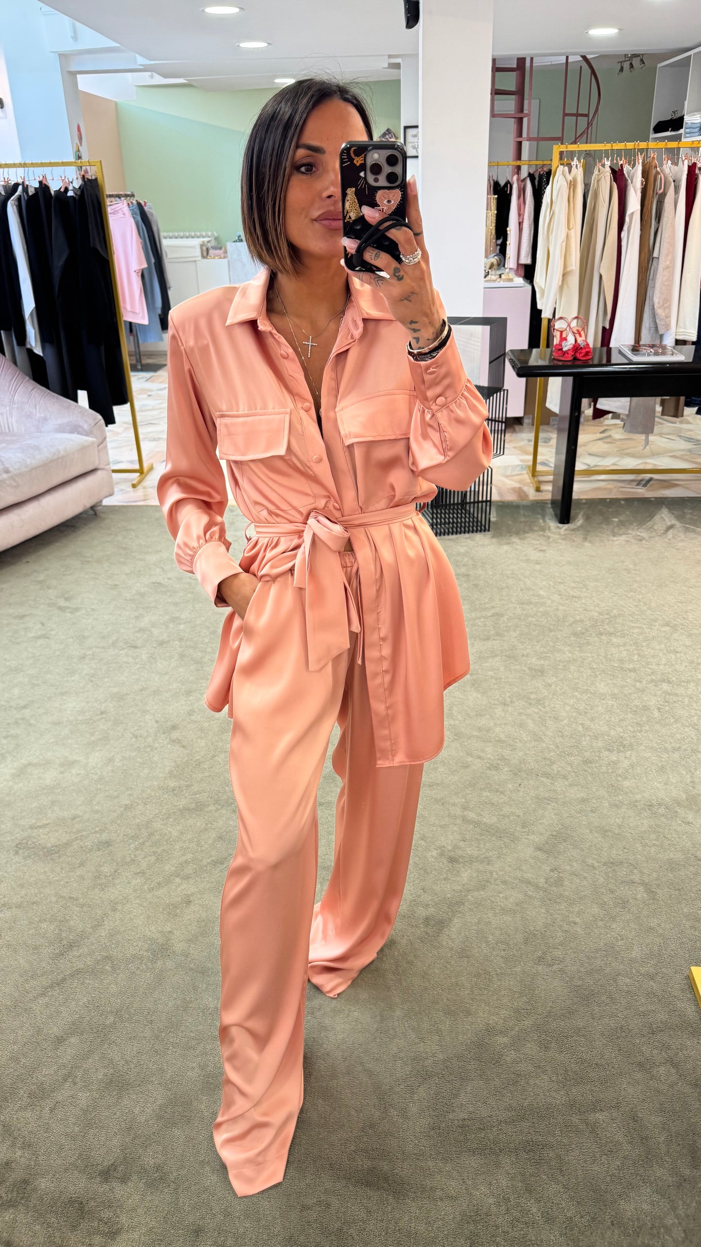 Maxi blusa rosa pesca con cintura in satin ks