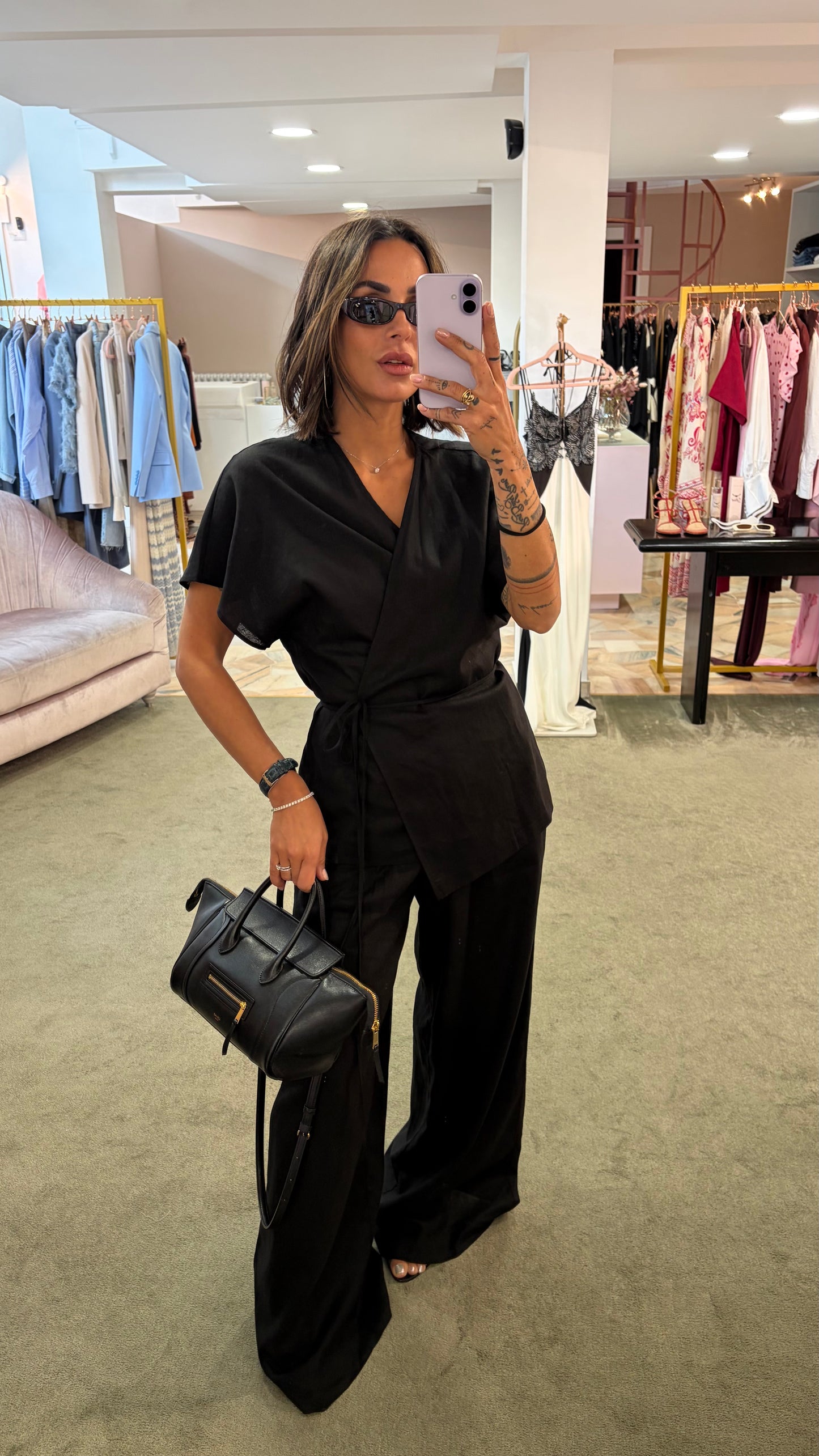Camicia kimono nera con cintura in lino Hinnominate