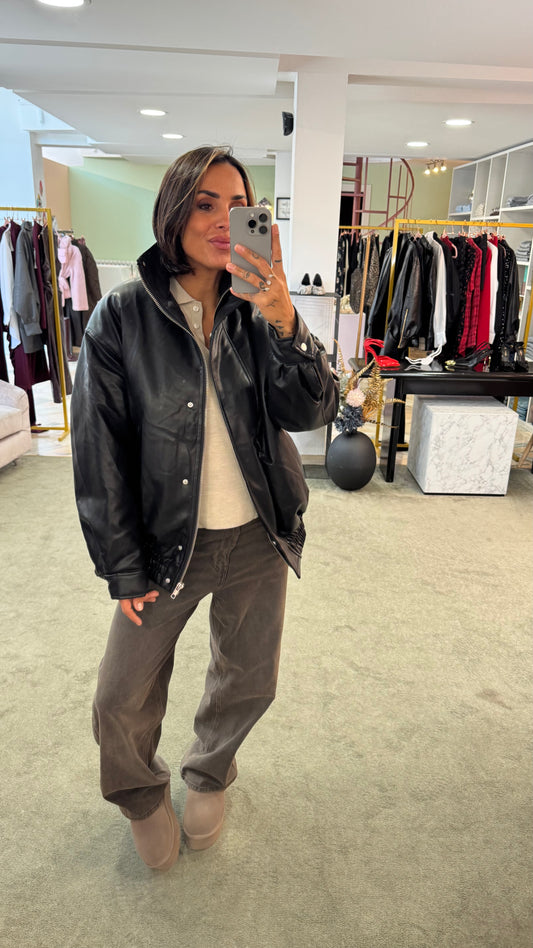 Bomber aviator nero imbottito in ecopelle gl