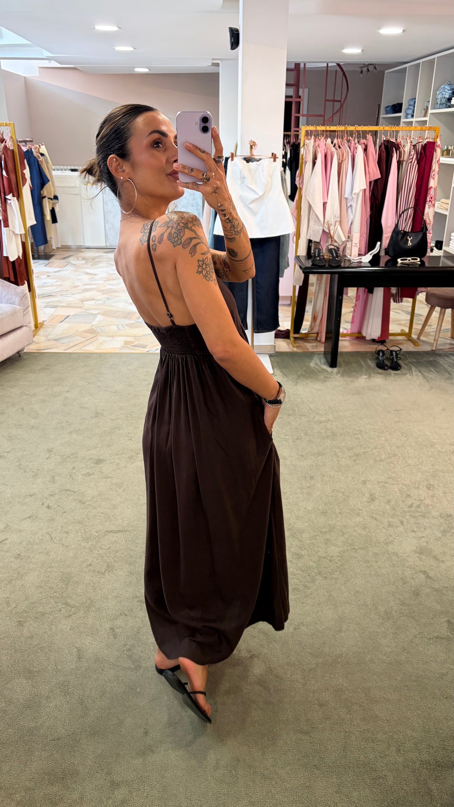Abito midi marrone in viscosa e lino jx