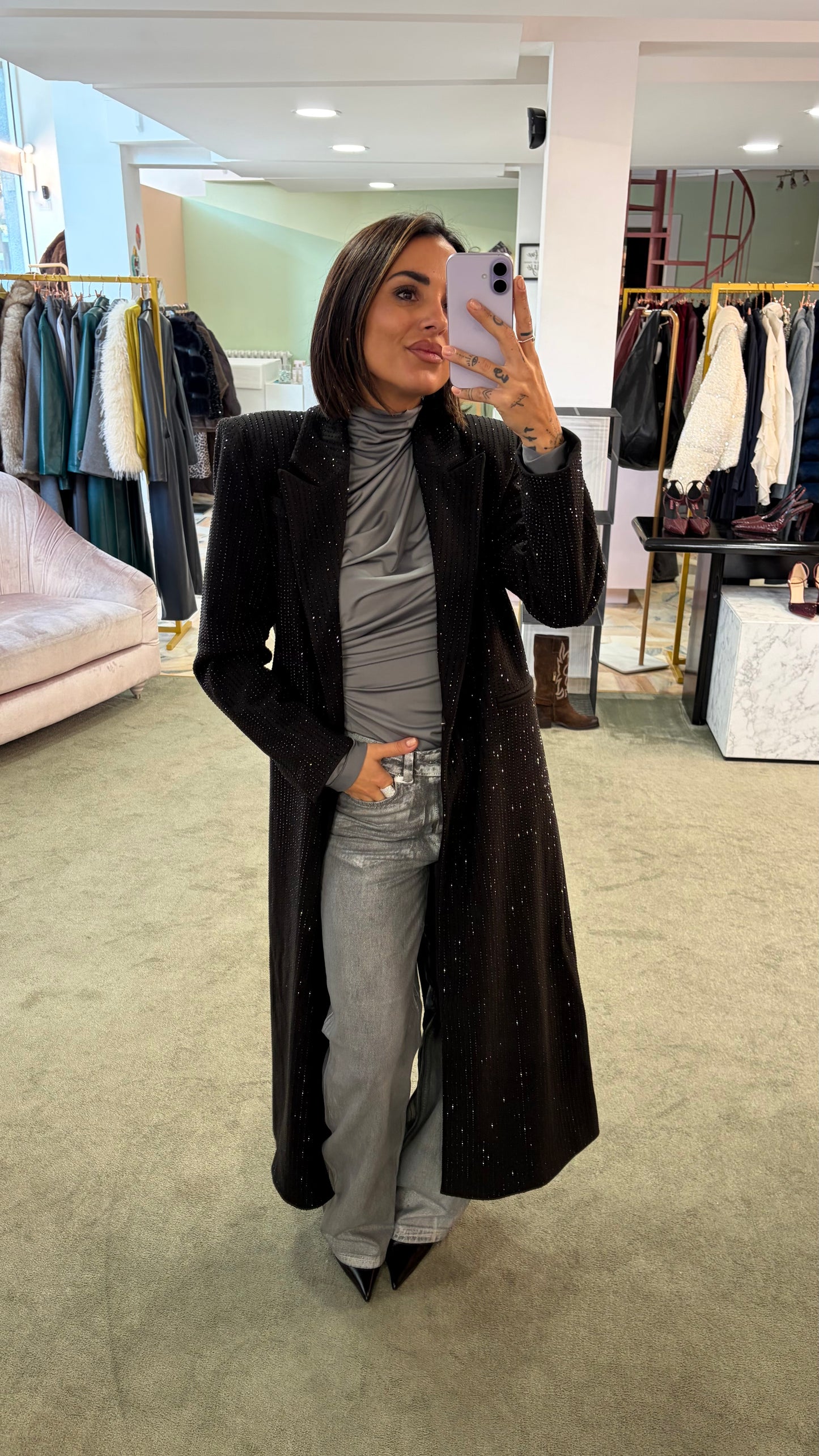 Cappotto lungo nero cristalli tw