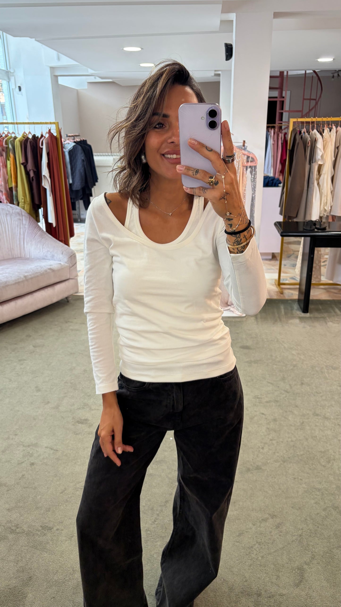 T-shirt bianca manica lunga con canotta incorporata Icon Denim