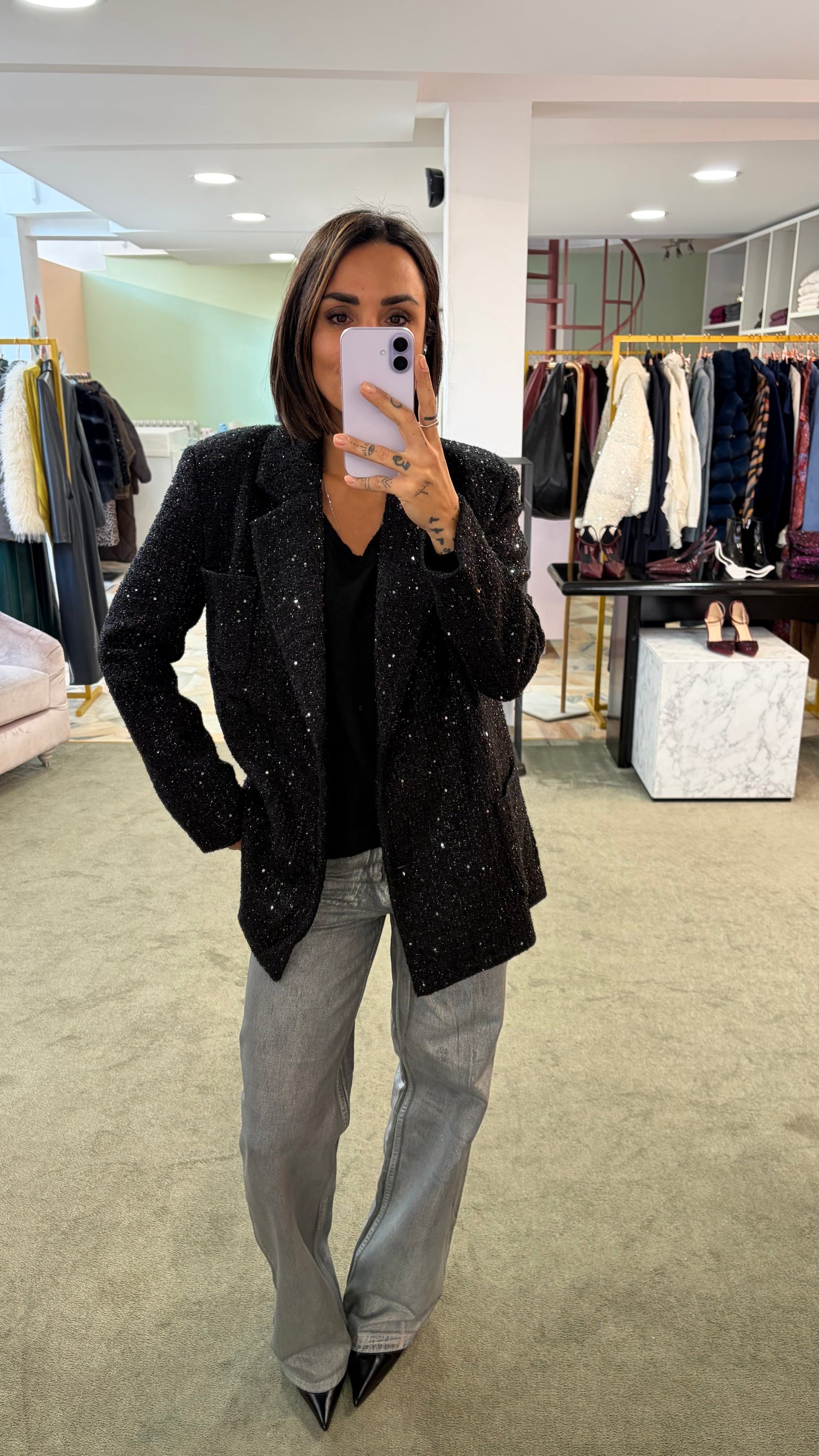 Blazer nero oversize in bouclè tw