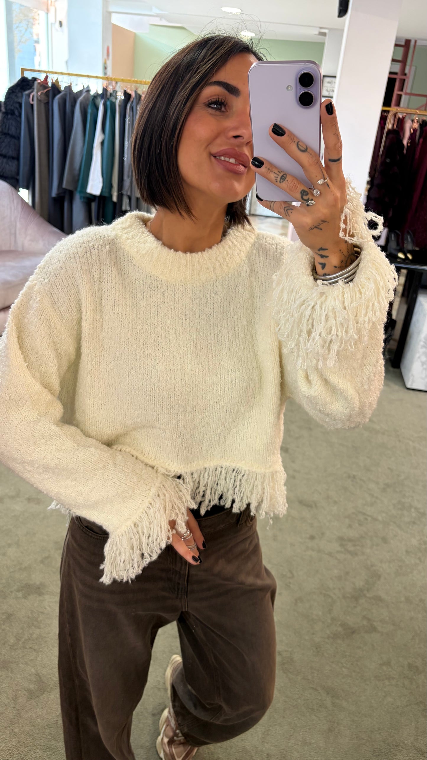 Maglione panna crop con frange gl