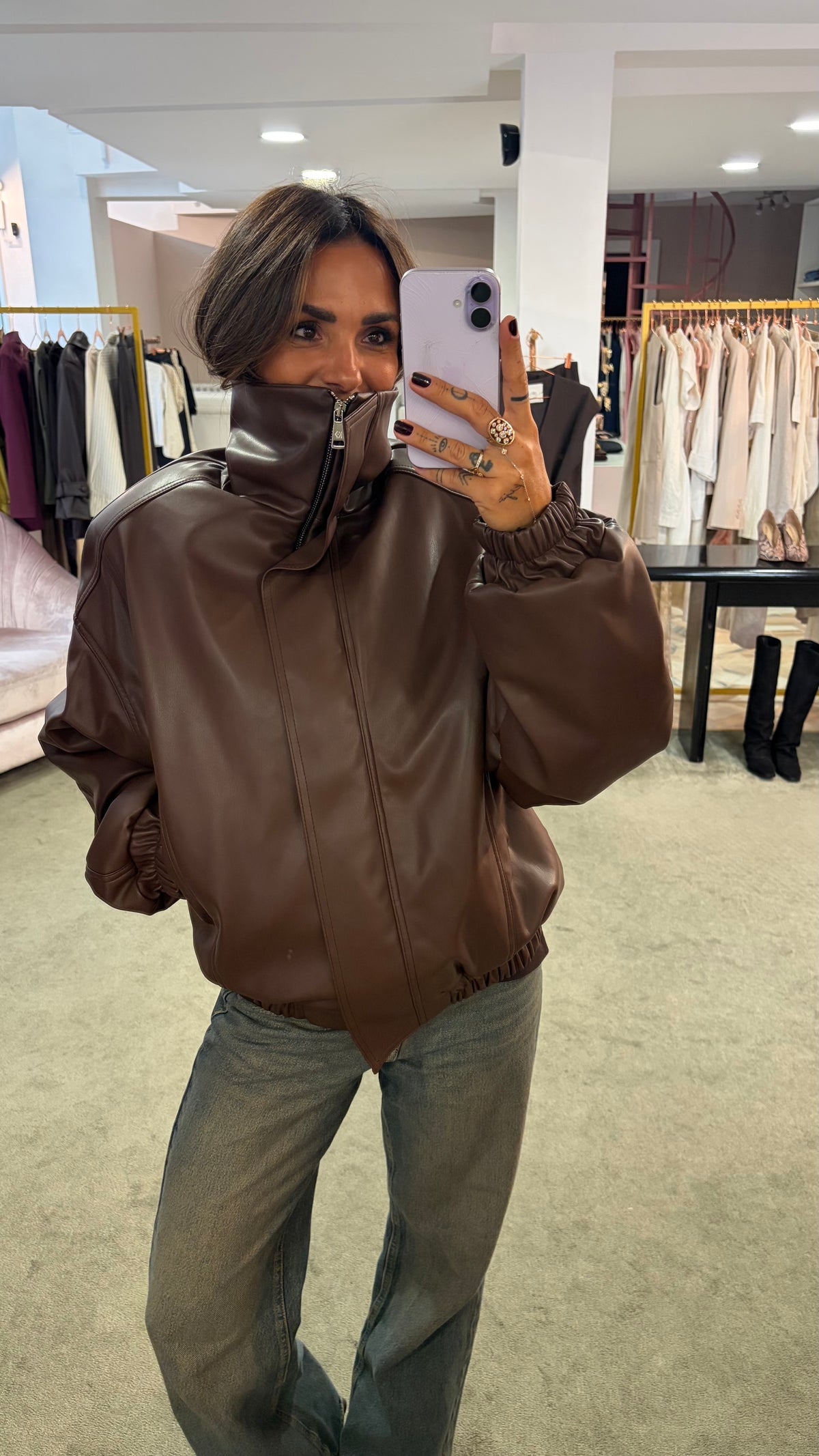 Bomber over marrone testa di moro in eco pelle ks