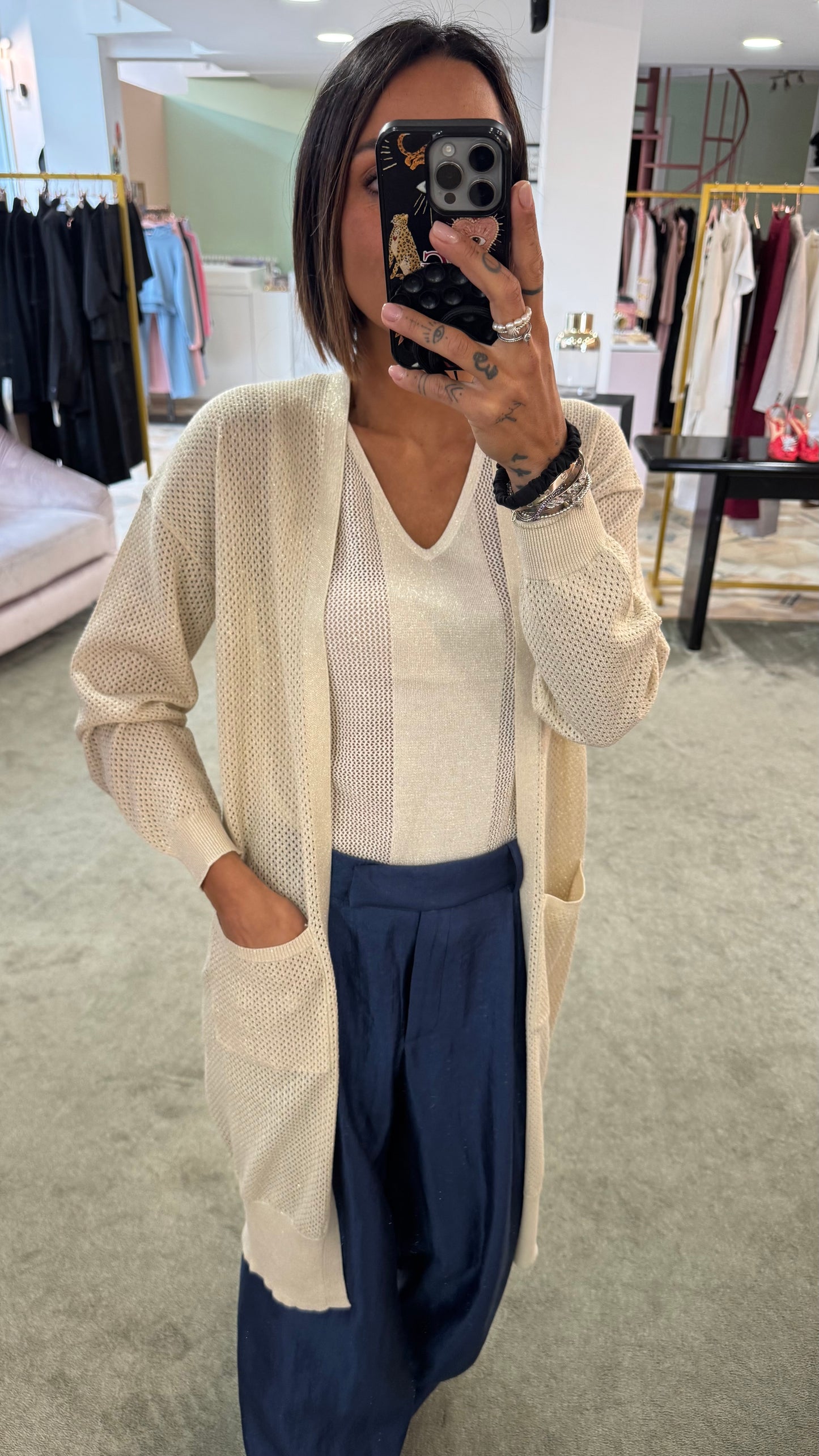 Canotta beige scollo a v in lamè oro fr