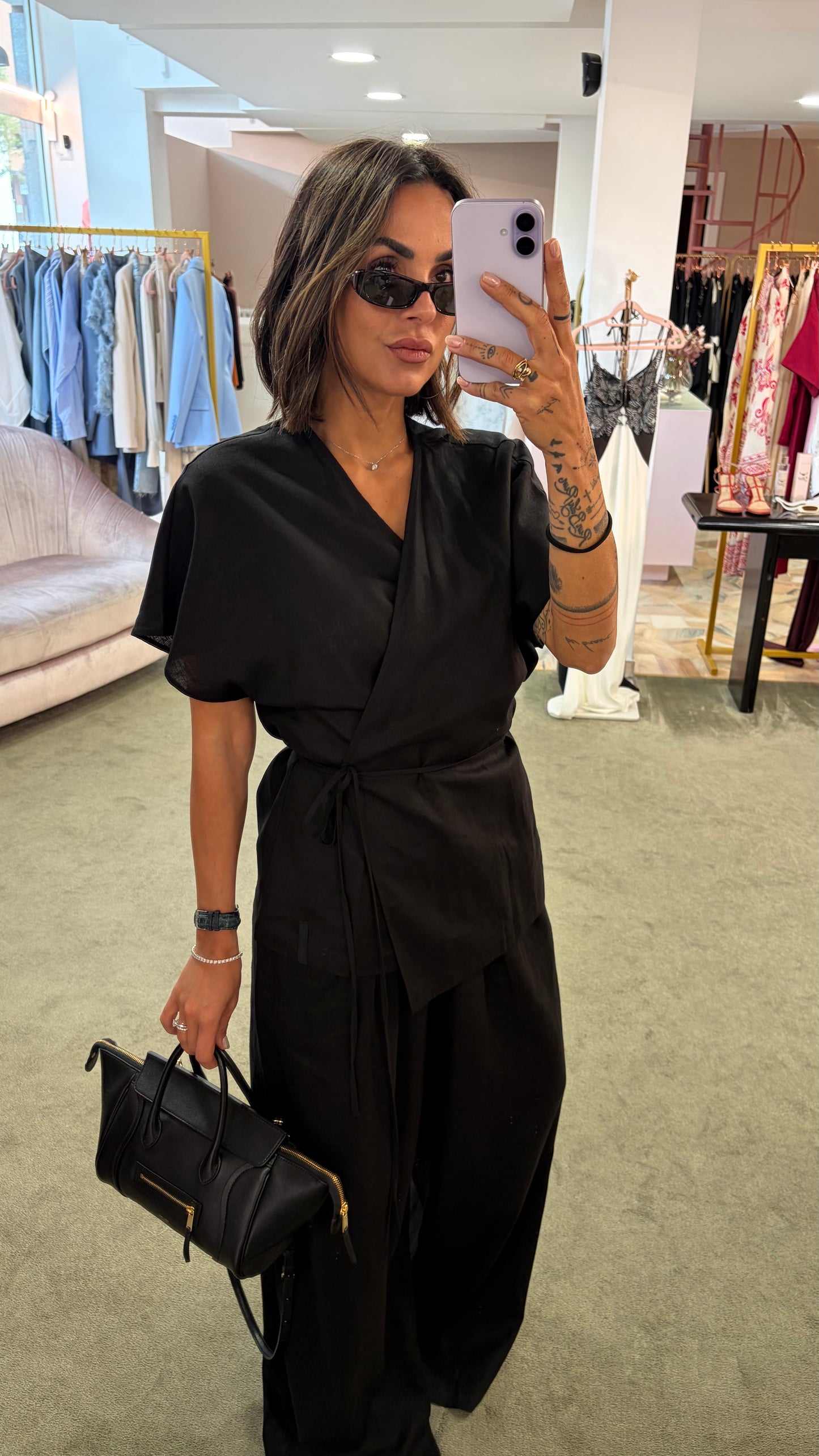 Camicia kimono nera con cintura in lino Hinnominate