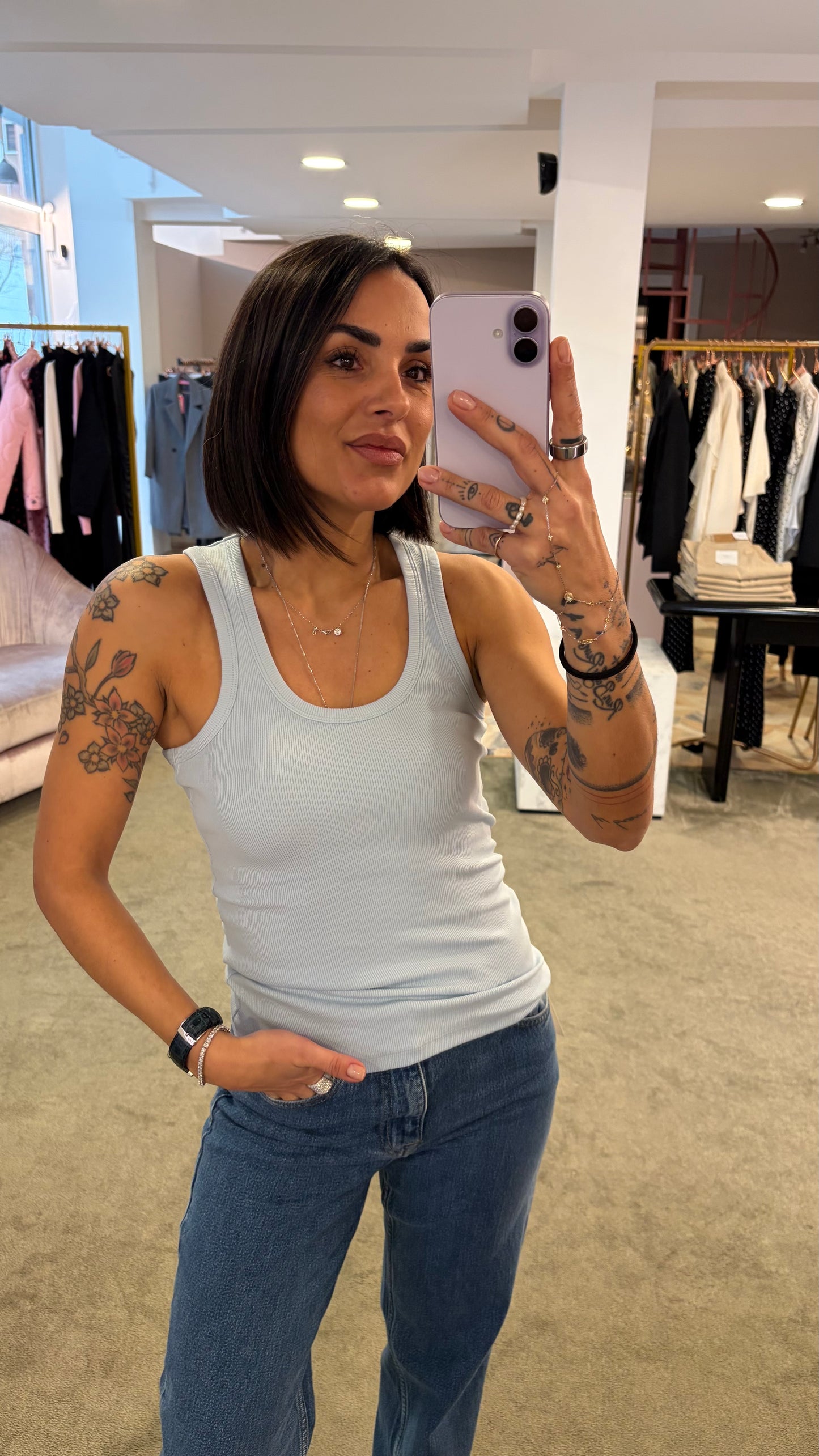 Canotta azzurra a costine scollo tondo jx